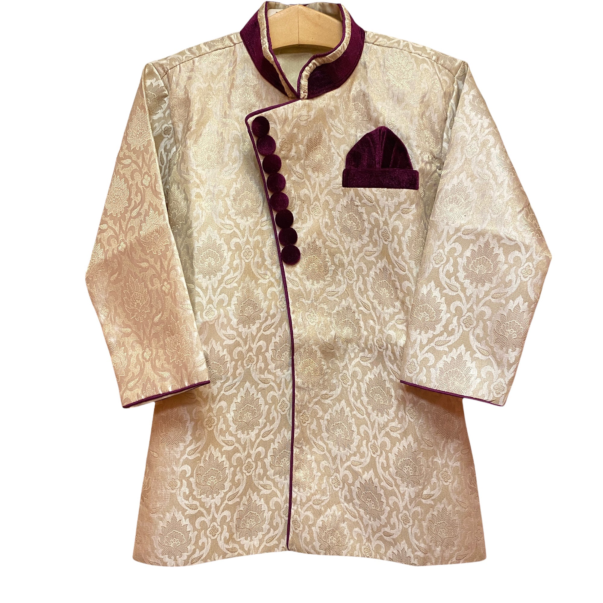 Boys Cream & Purple Brocade Sherwani - Vintage India NYC