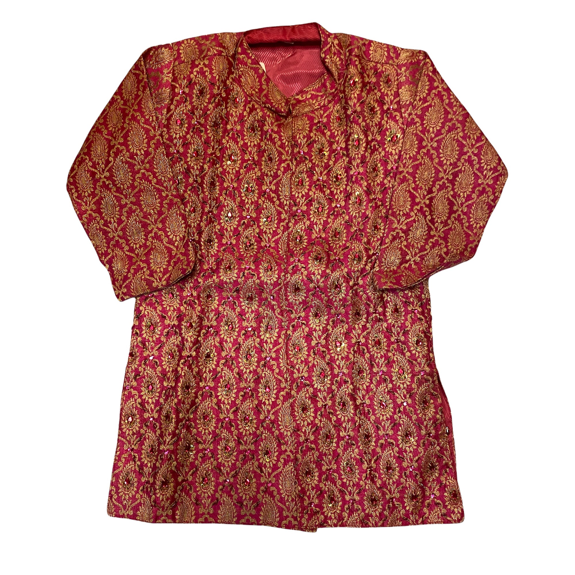 Boys Dark Pink & Gold Silk Brocade Sherwani-Age 3-4 - Vintage India NYC