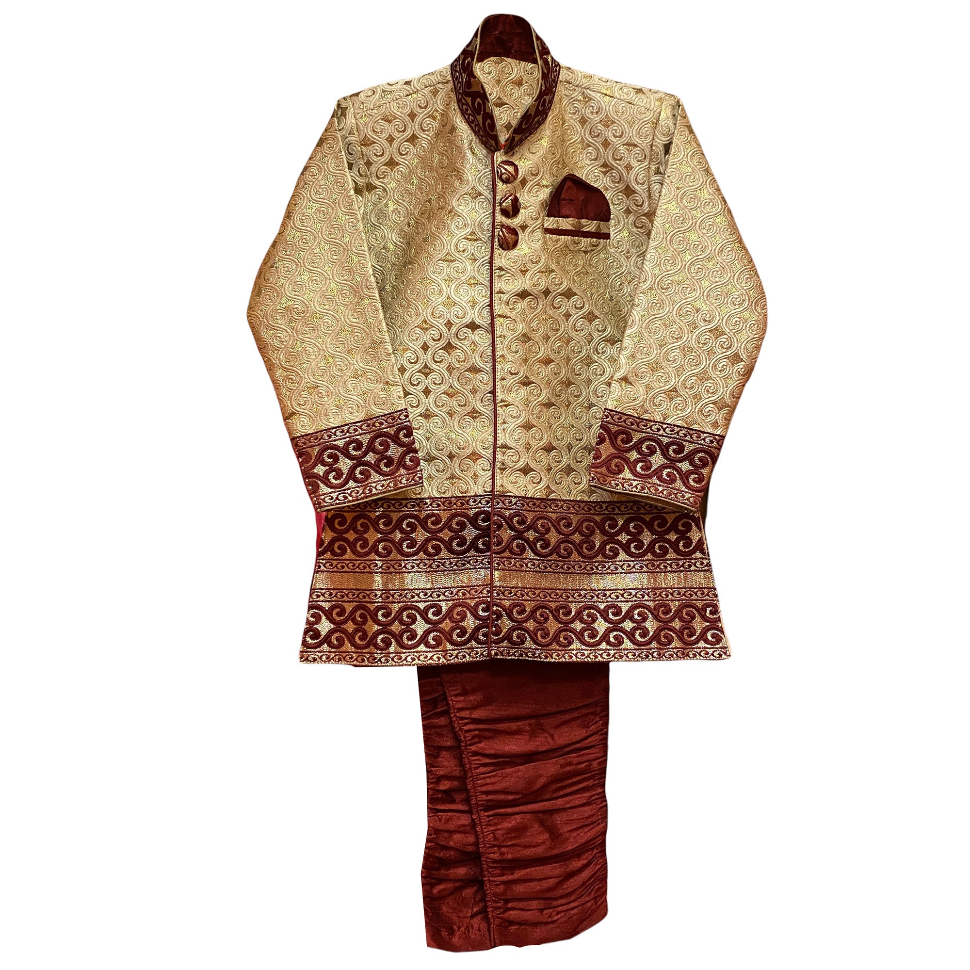 Boys Gold & Maroon Brocade Sherwani - Vintage India NYC