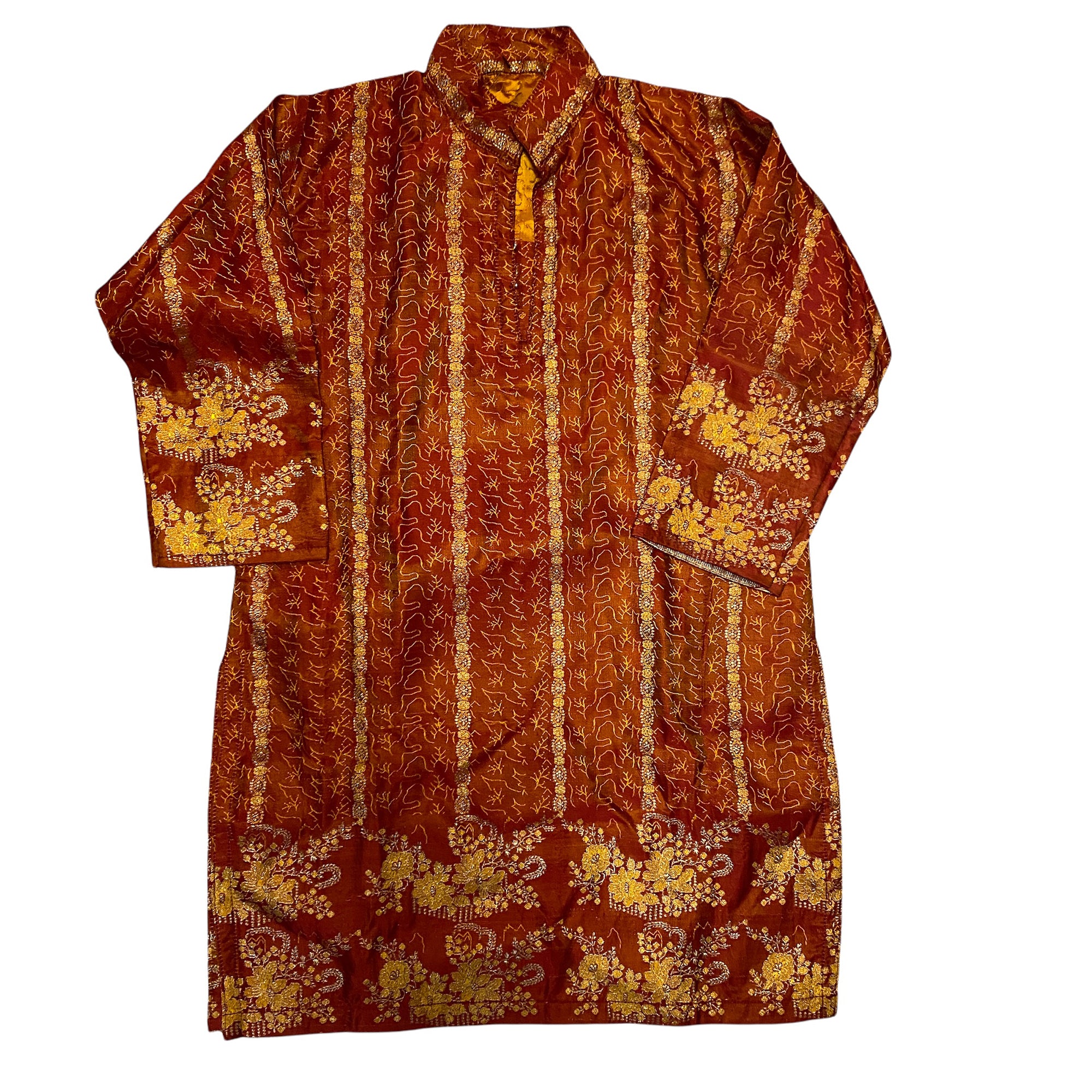 Boys Red & Gold Silk Brocade Kurta-Age 4-5 - Vintage India NYC