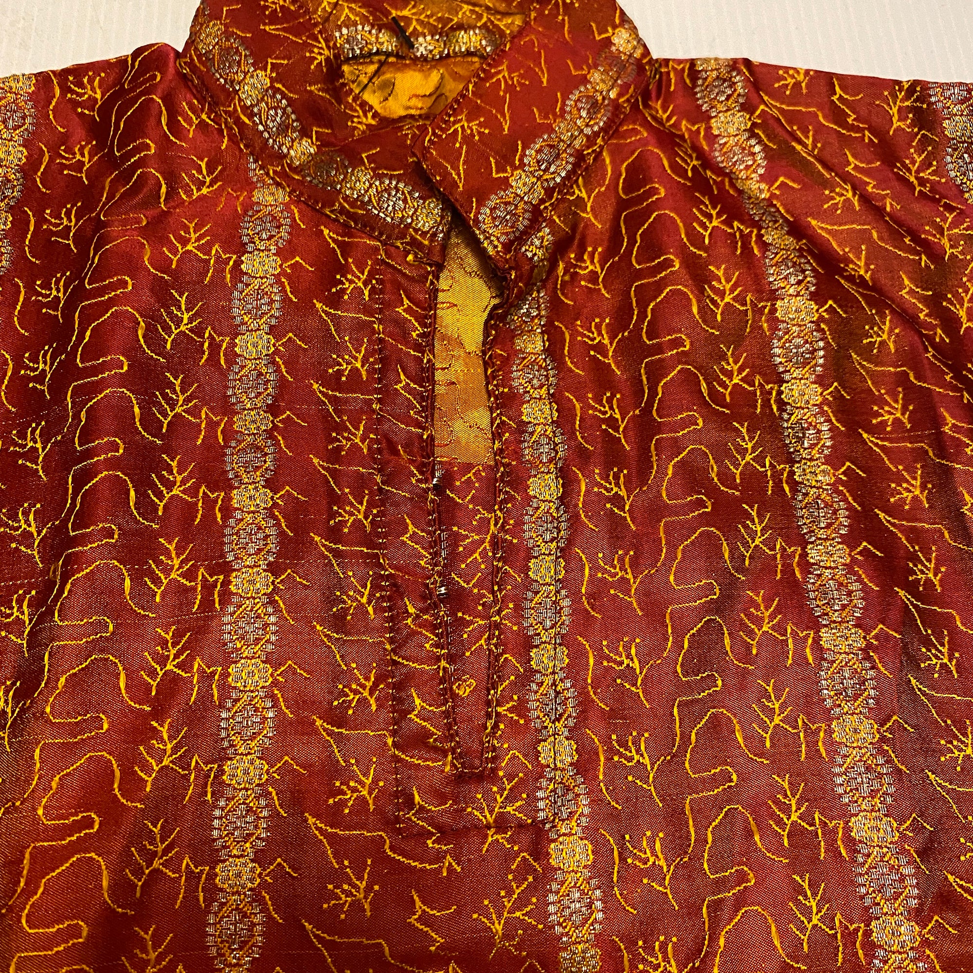 Boys Red & Gold Silk Brocade Kurta-Age 4-5 - Vintage India NYC