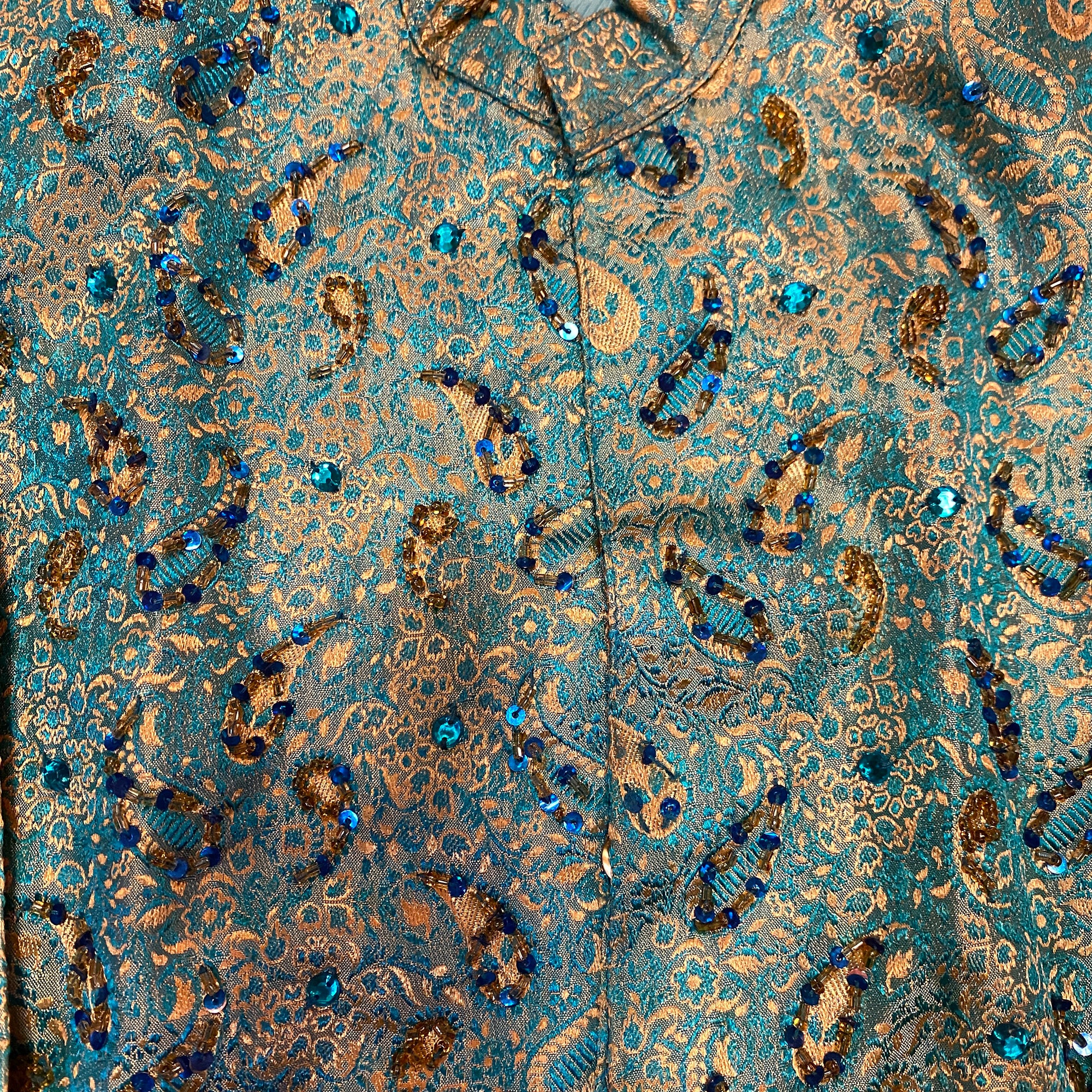 Boys Turquoise & Gold Silk Brocade Sherwani-Age 2-3 - Vintage India NYC