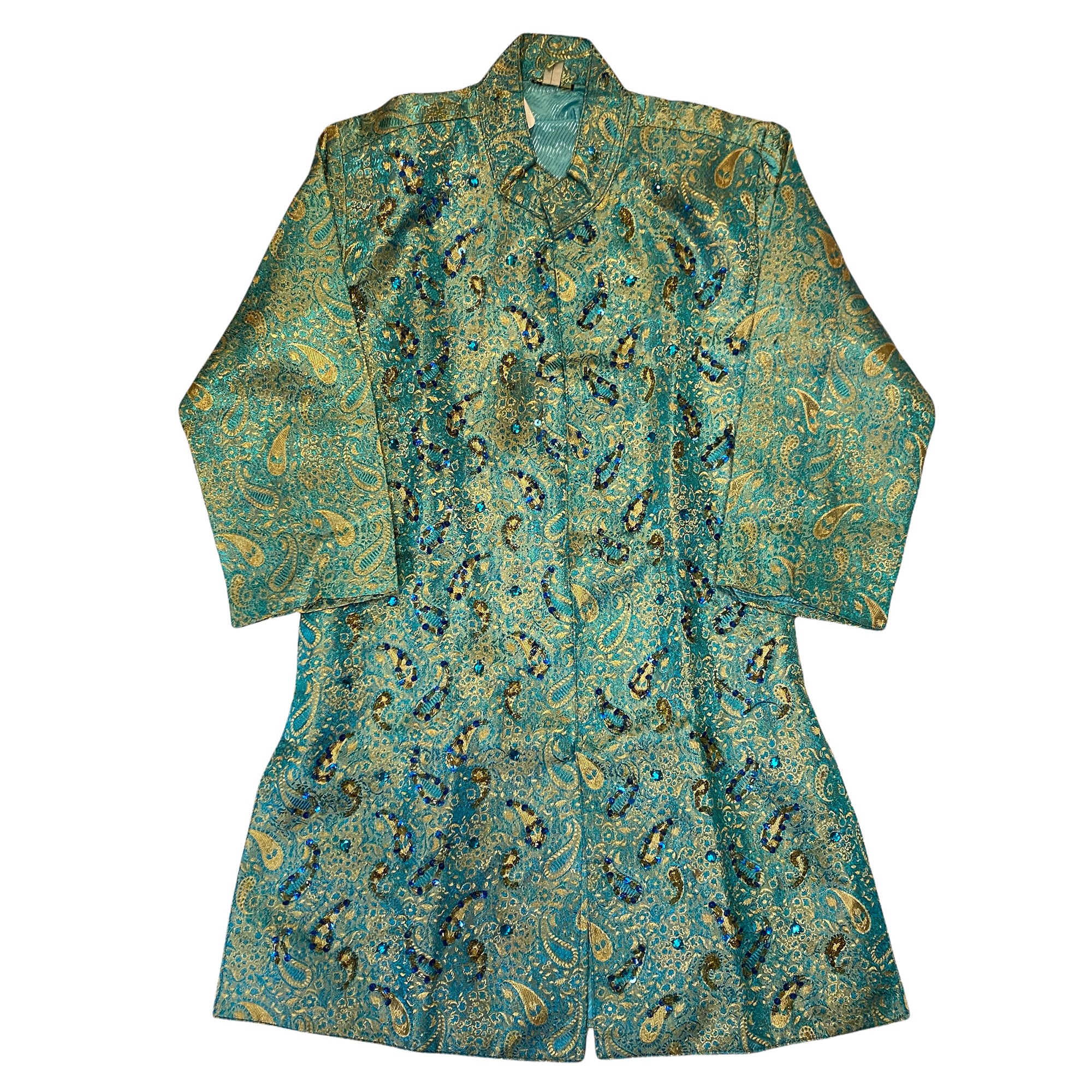 Boys Turquoise & Gold Silk Brocade Sherwani-Age 2-3 - Vintage India NYC