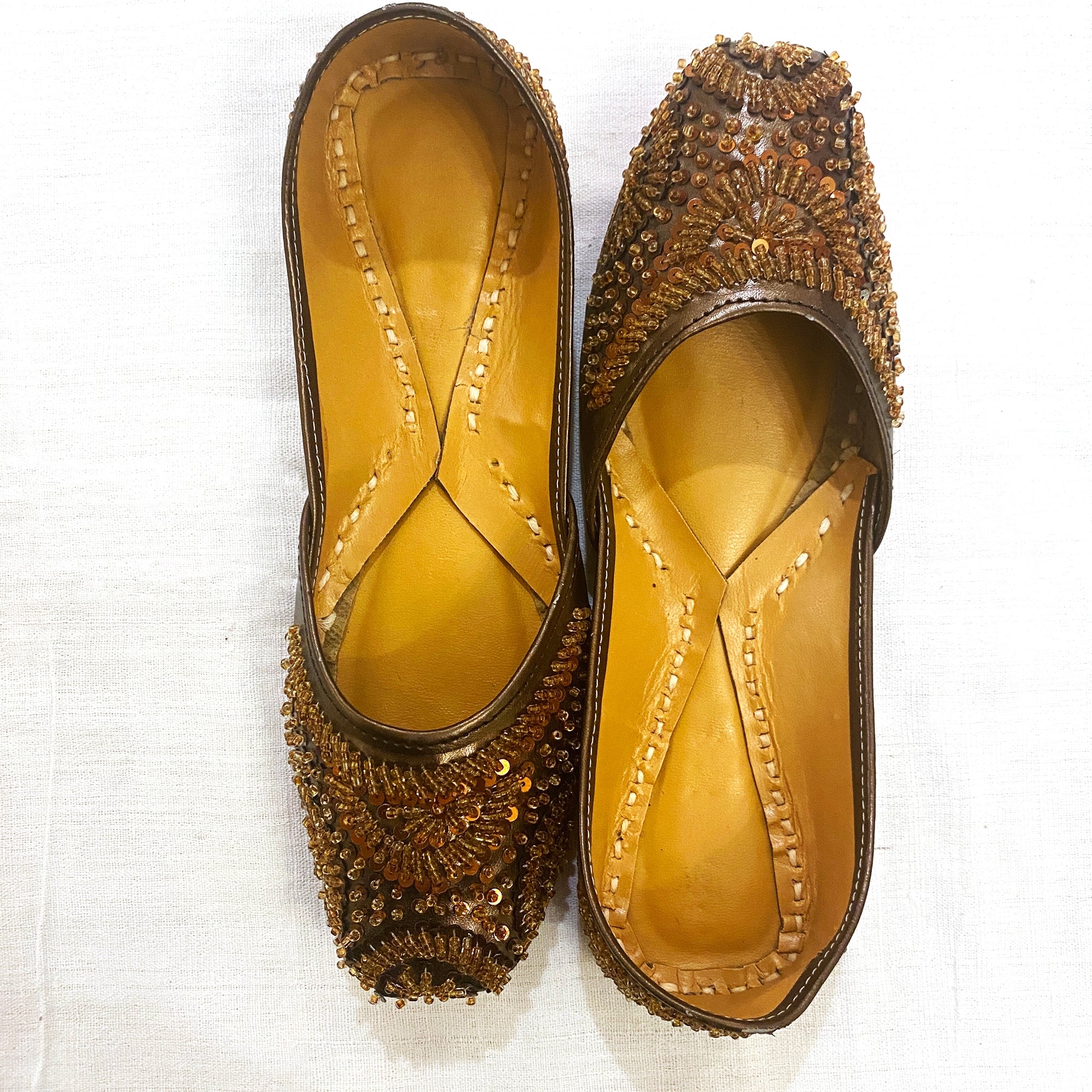 White or Brown Beaded Juttis - Vintage India NYC