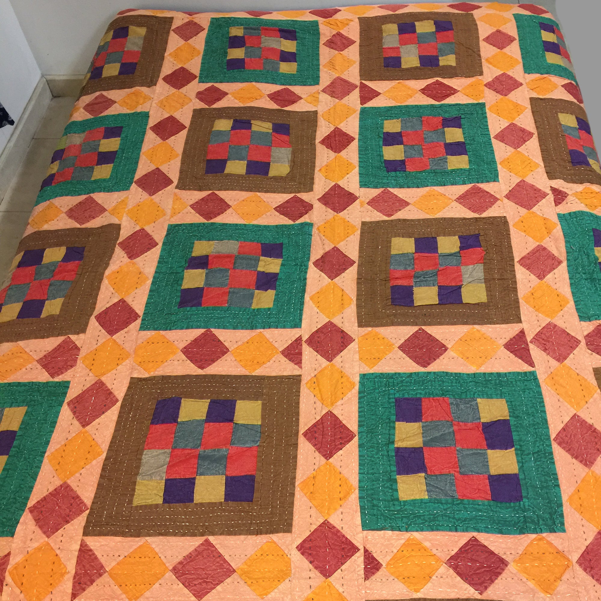 Checkered Patchwork Kantha Quilt-6 colors - Vintage India NYC