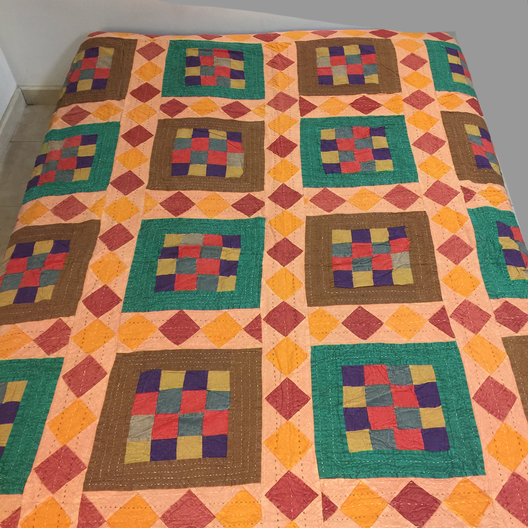 Checkered Patchwork Kantha Quilt-6 colors - Vintage India NYC