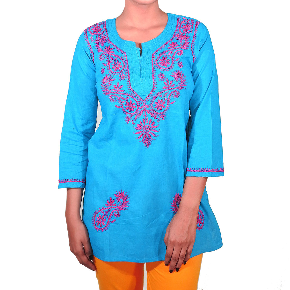 AR Short Embroidered Cotton Tunic Kurti-XS - Vintage India NYC