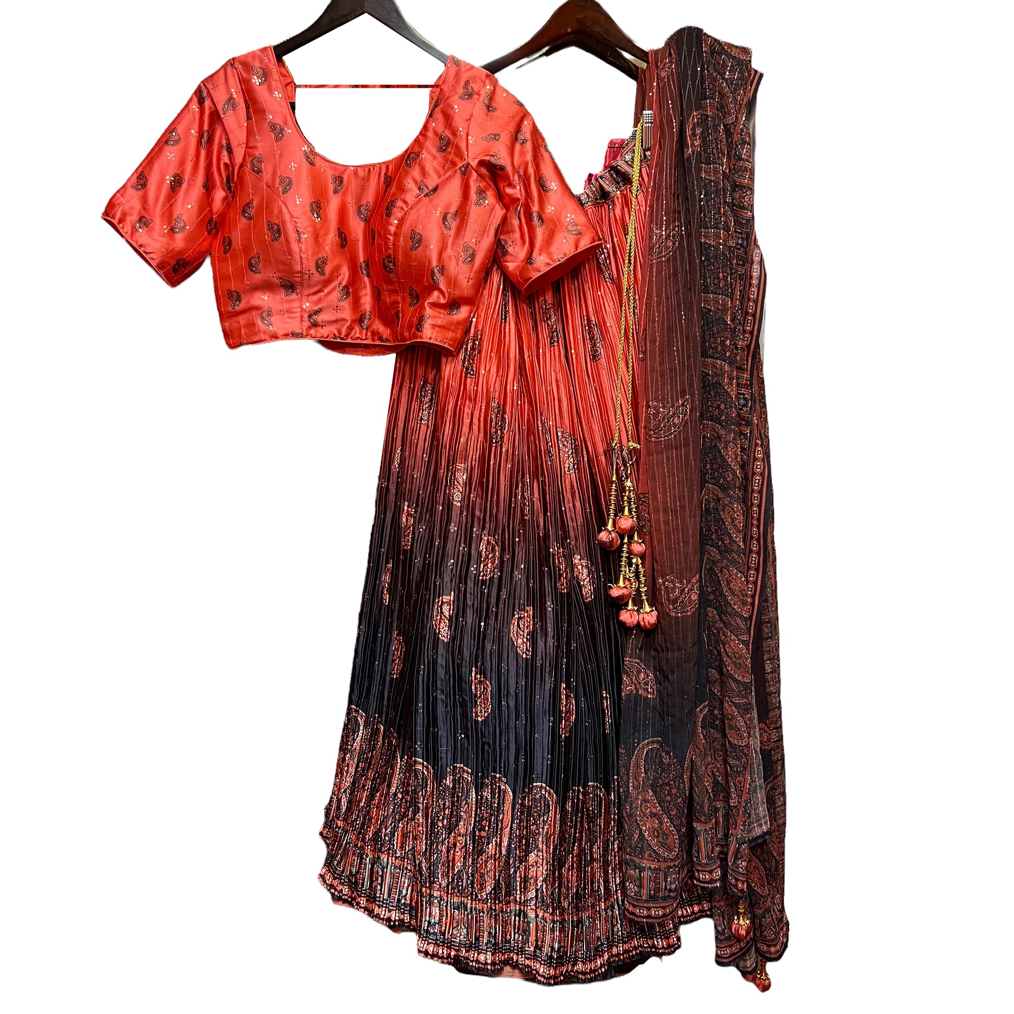 Coral & Navy Print Lehenga Set - Vintage India NYC