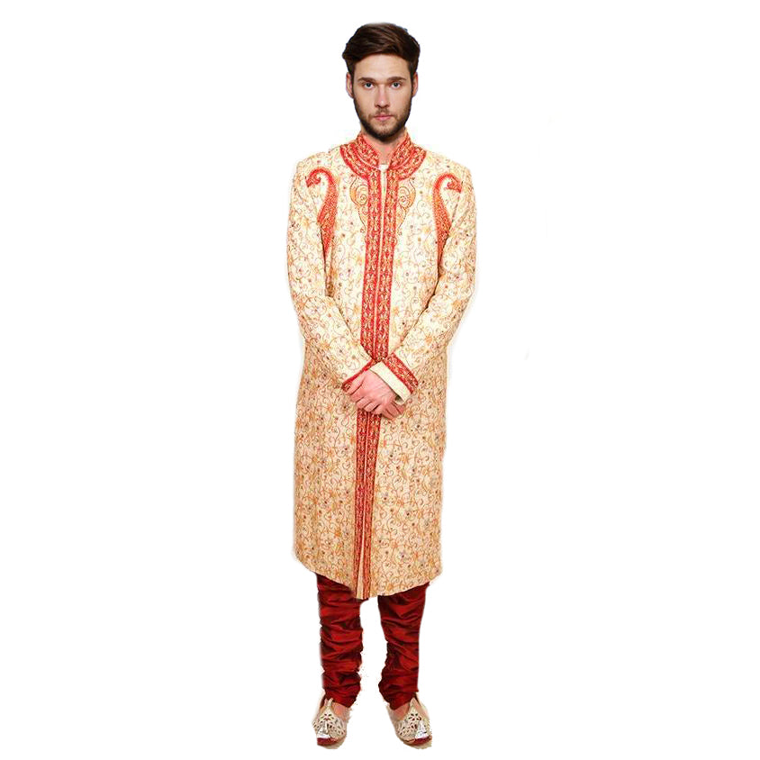 Cream and Red Sherwani - Vintage India NYC