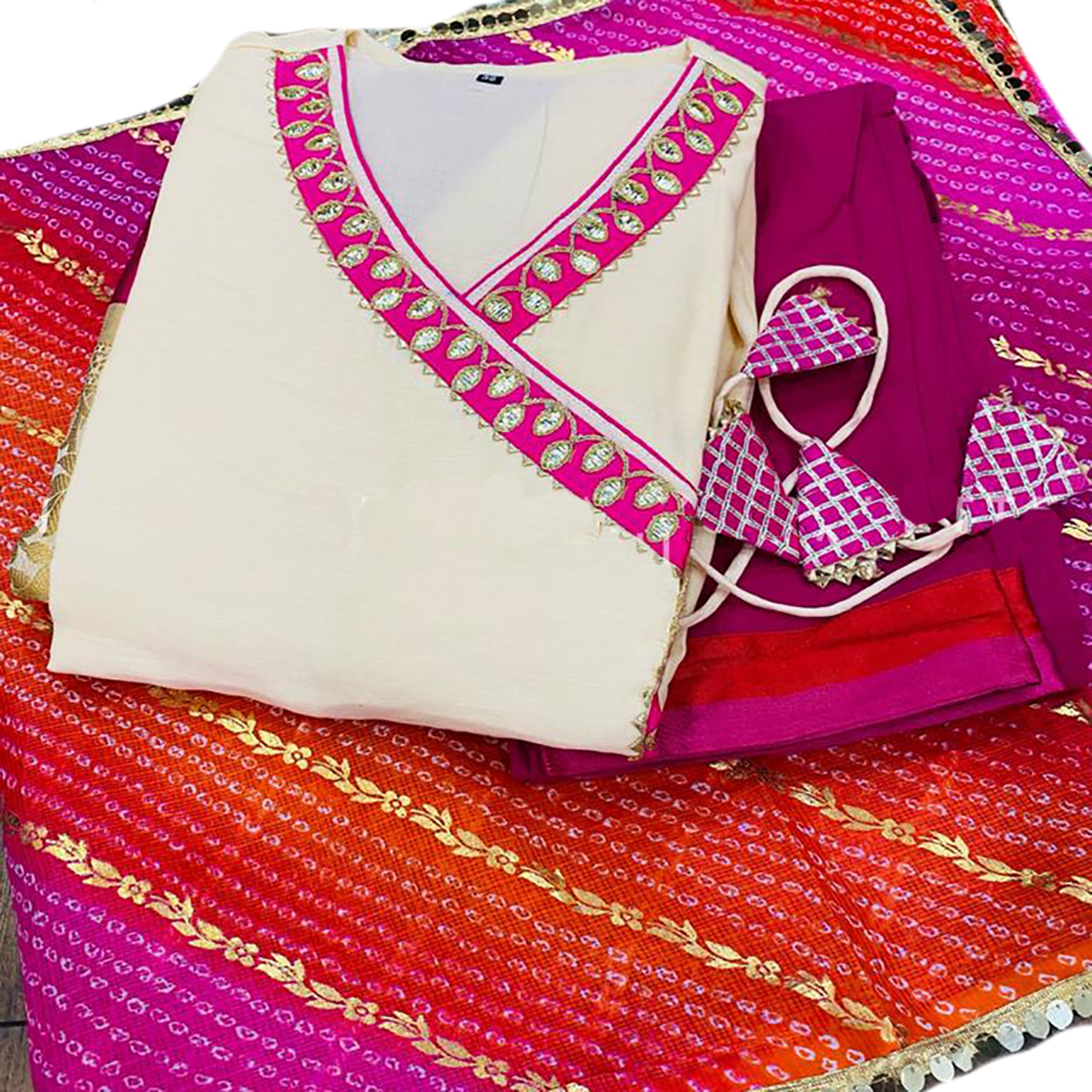 SH Cream and Pink Angrakha Dress - Vintage India NYC