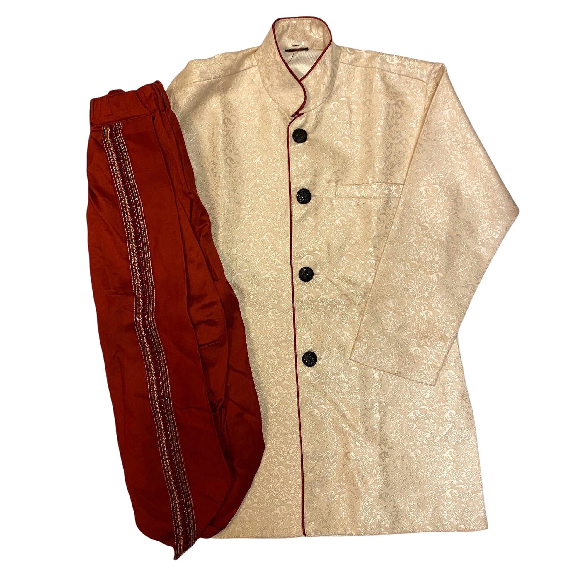 Boys Cream & Maroon Brocade Sherwani - Vintage India NYC