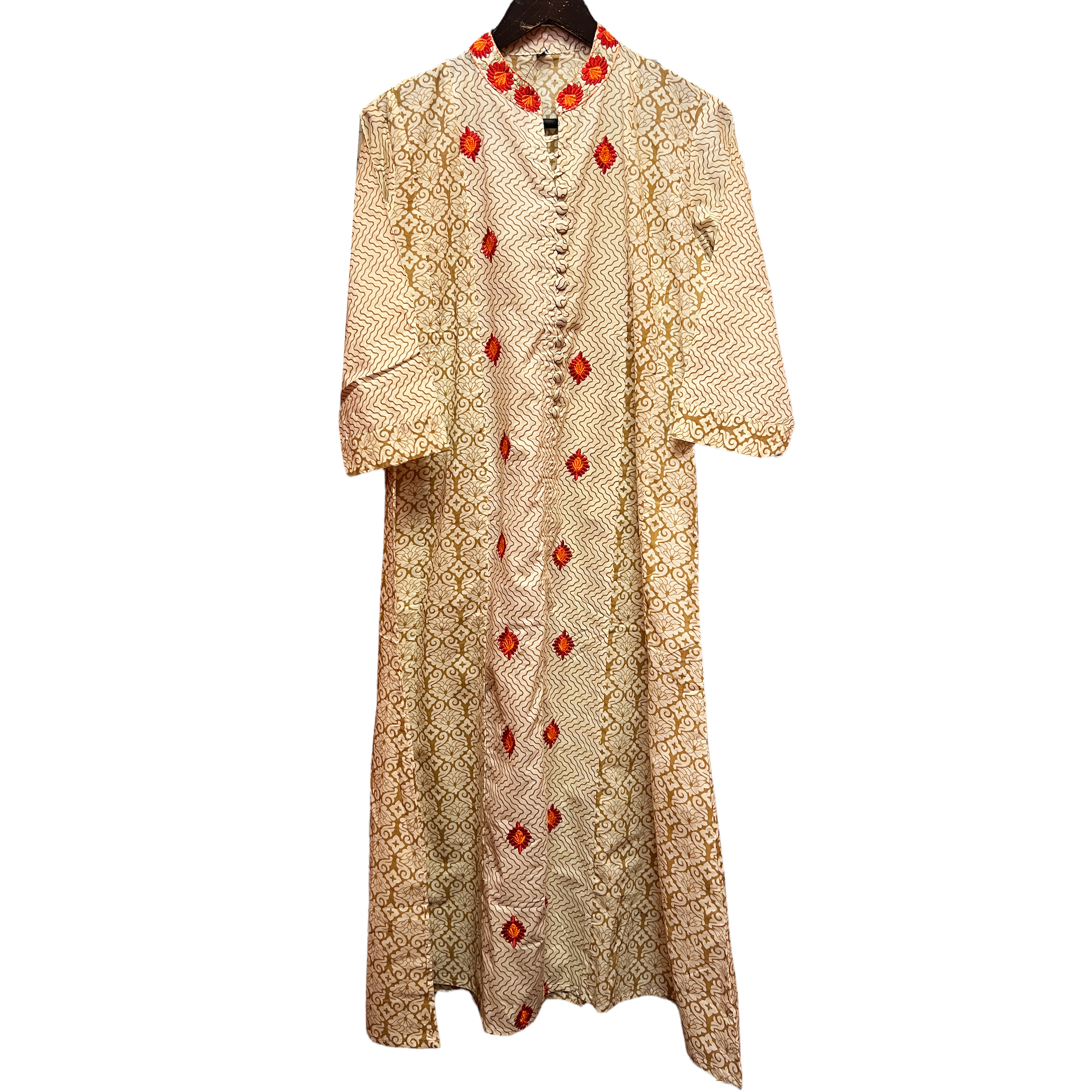 Tan and Cream Lond kurta with Embroidery - Vintage India NYC