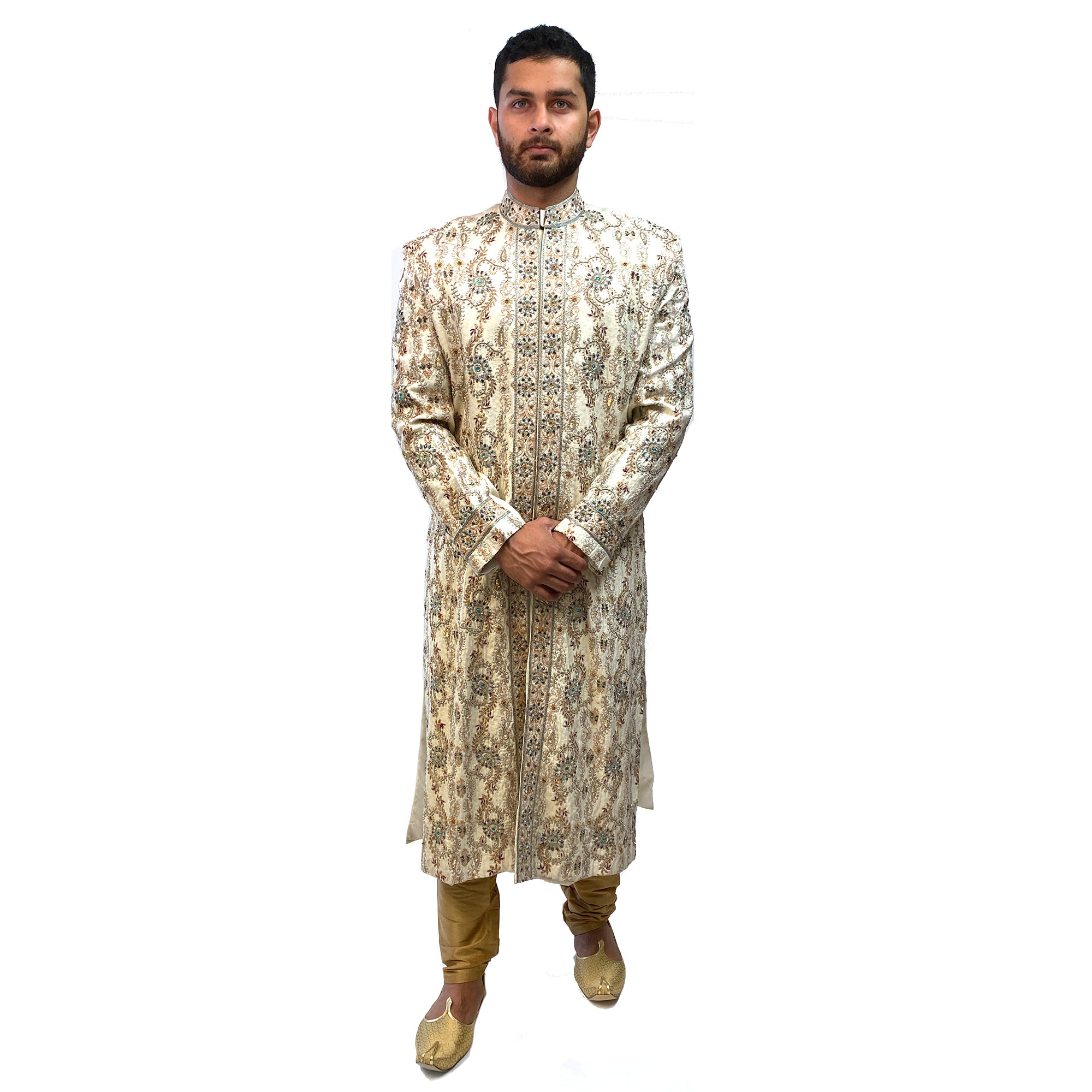 Cream Sherwani with Heavy Work - Vintage India NYC