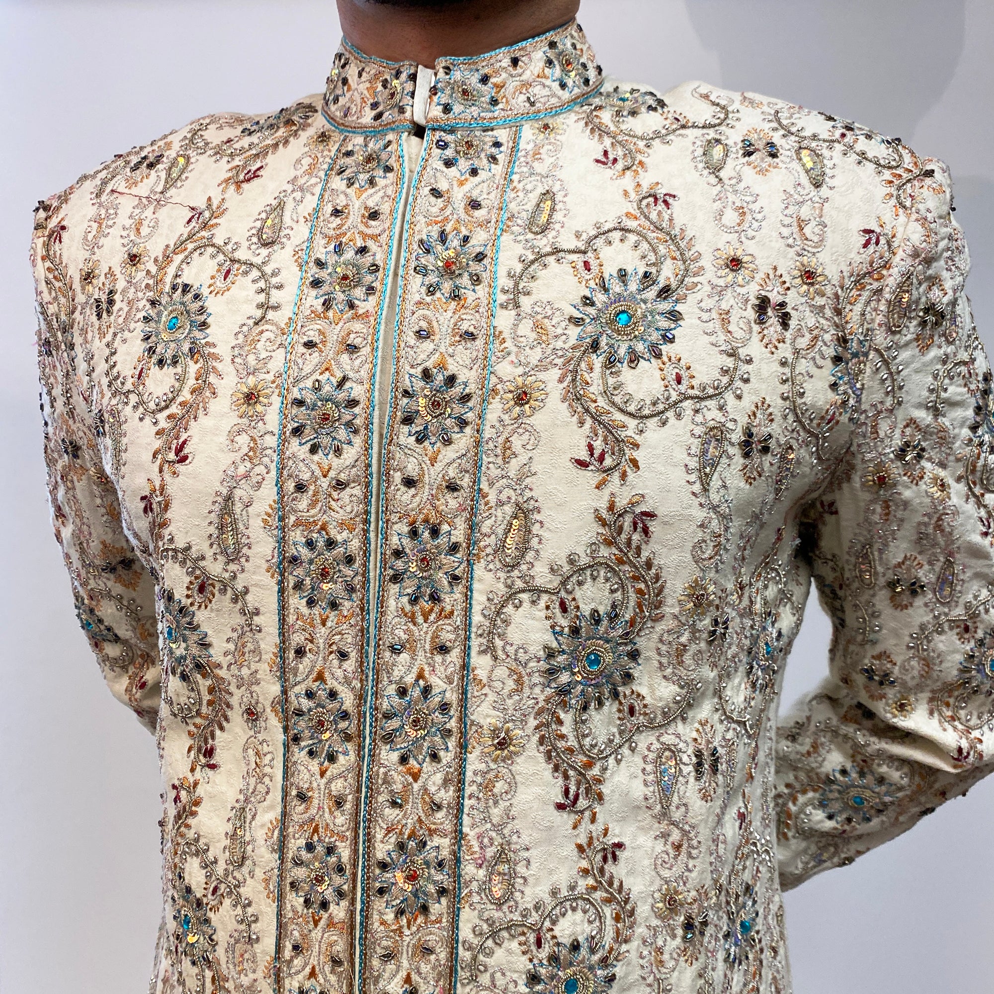 Cream Sherwani with Heavy Work - Vintage India NYC