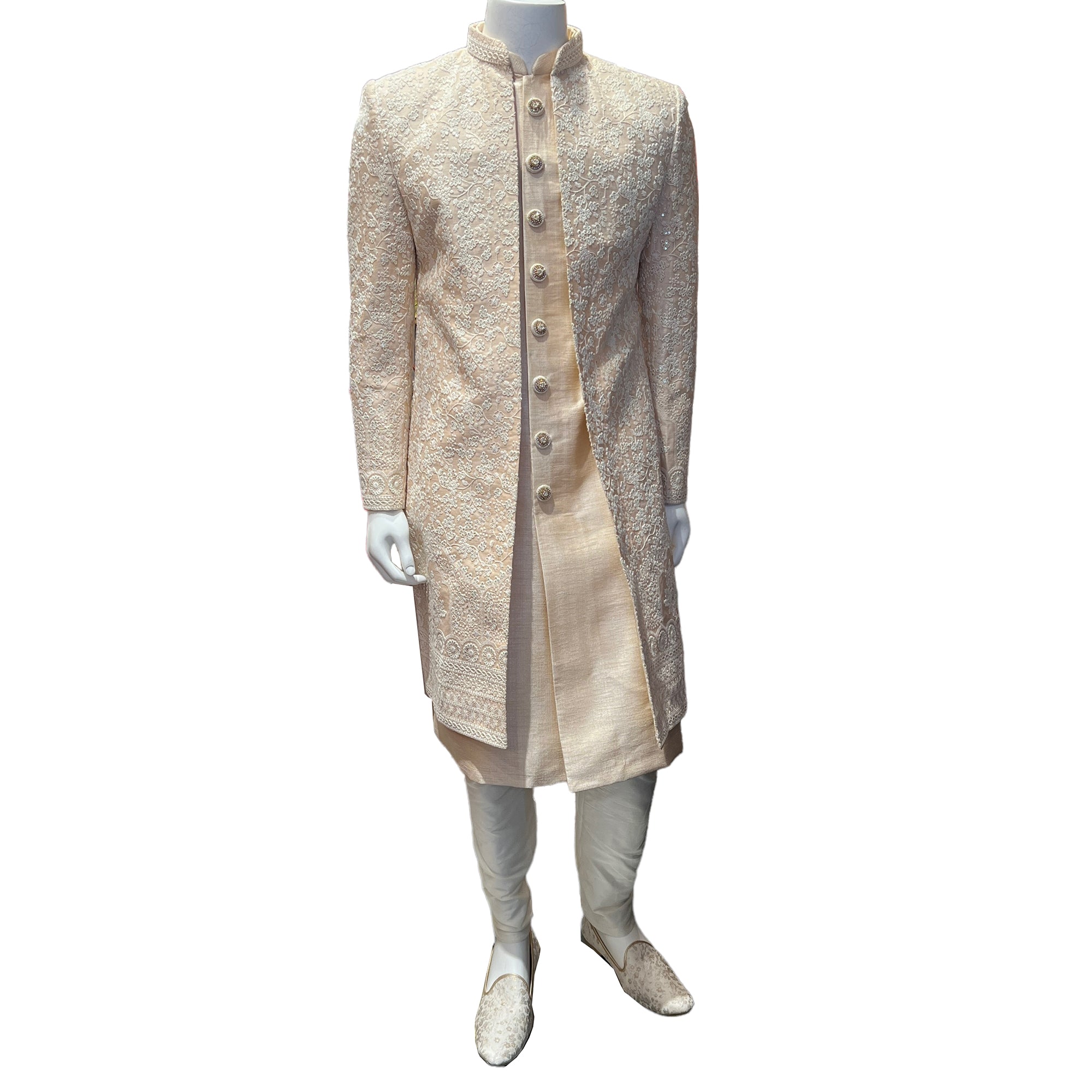 Cream Floral 2 Piece Sherwani - Vintage India NYC