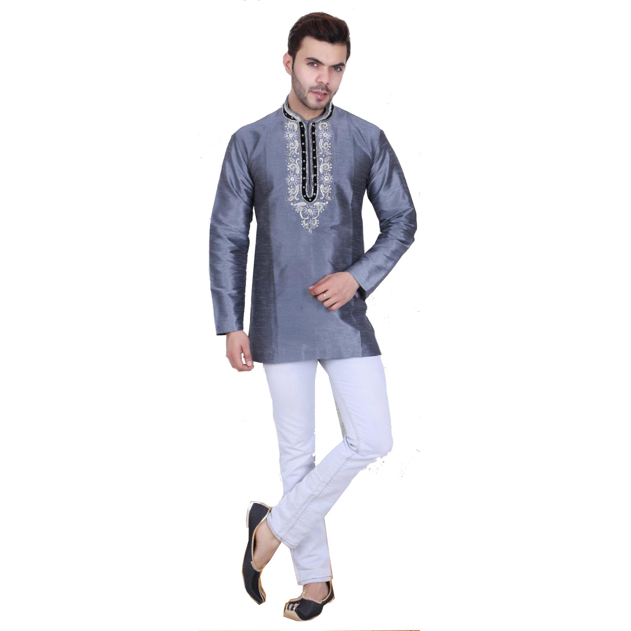 DT Silver Short Kurta with Velvet Trim - Vintage India NYC