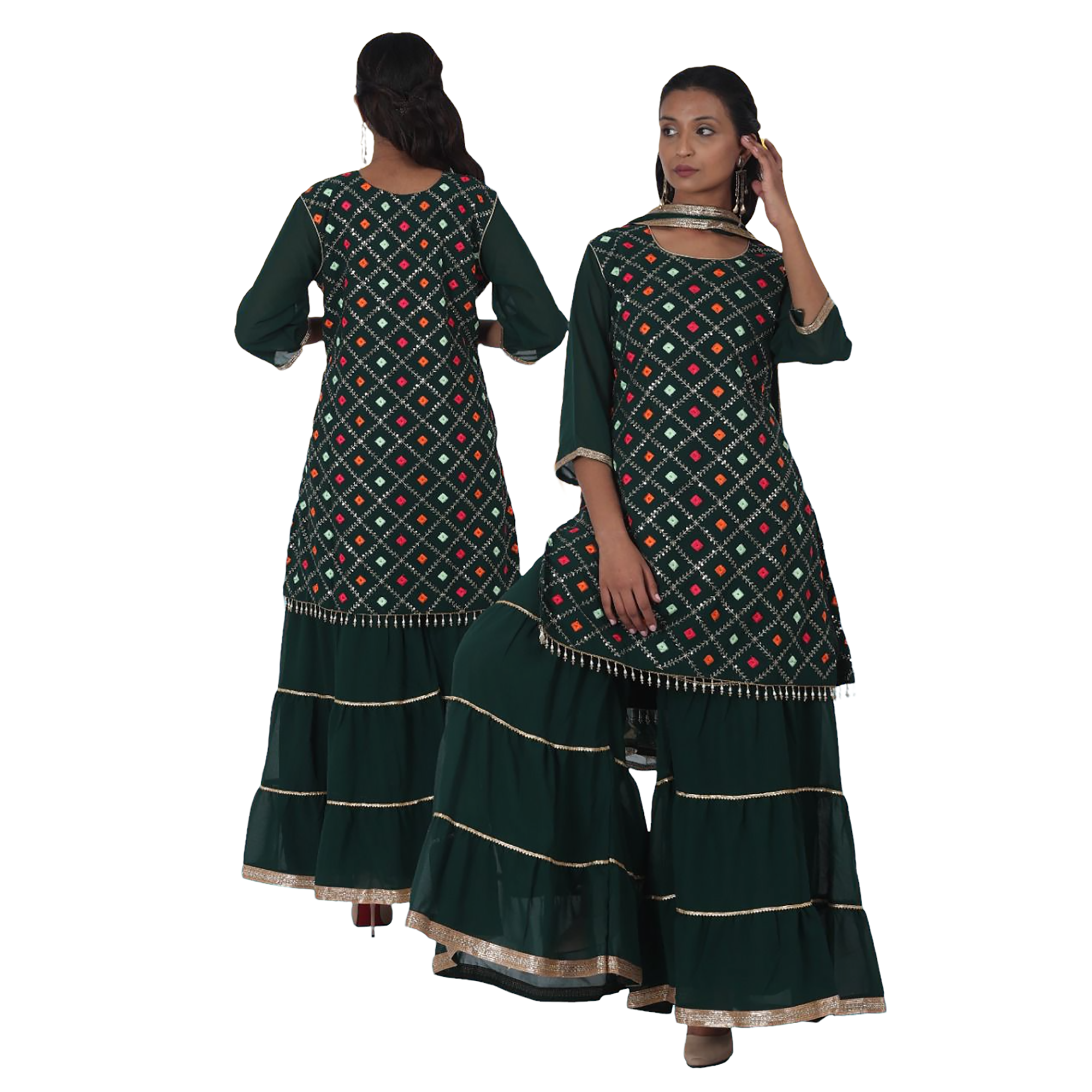 Plus Size Embroidered Sharara Kameez Set - Vintage India NYC