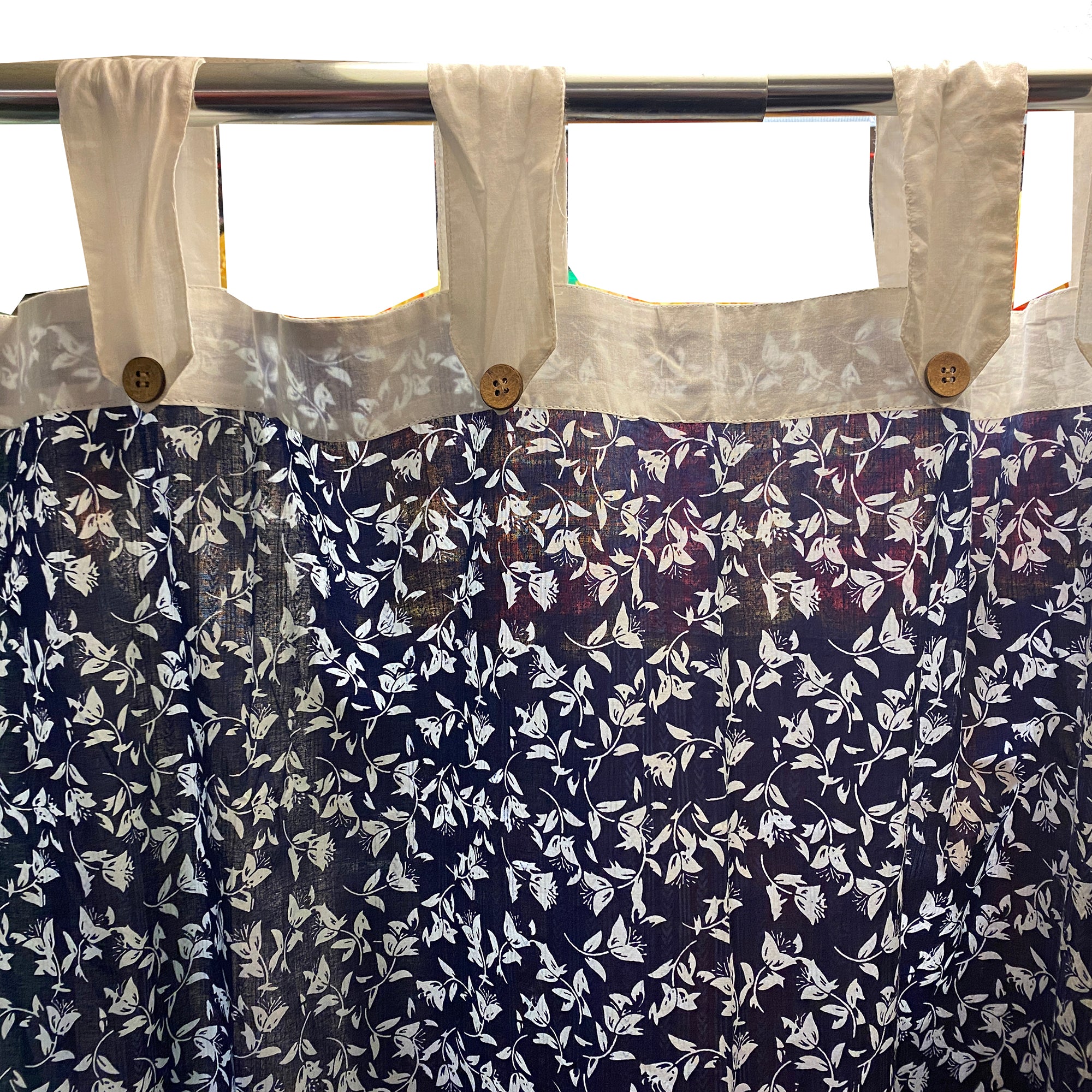 Navy & White Cotton Curtain Pair-5 Patterns - Vintage India NYC