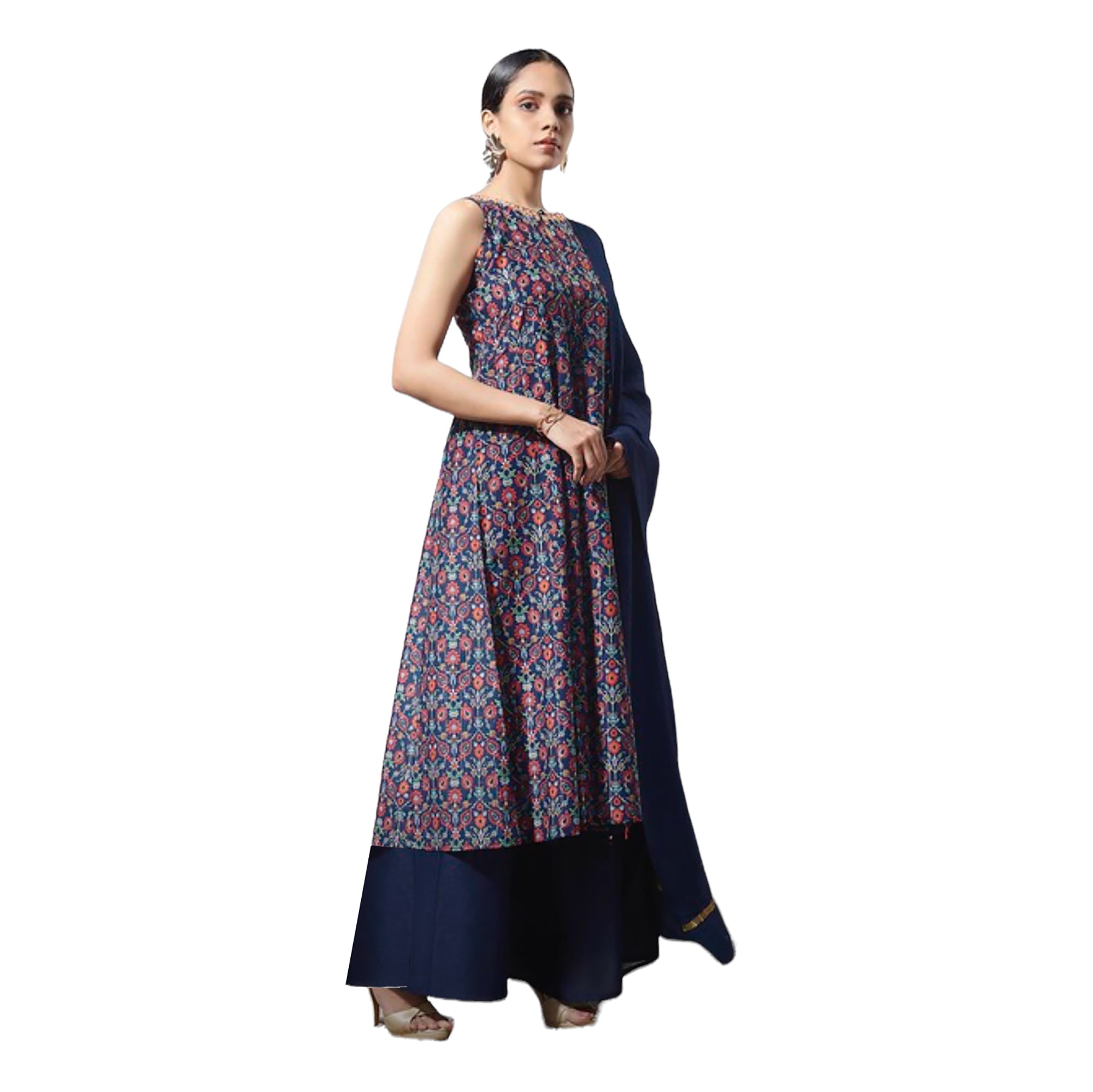 Navy Floral Anarkali with Palazzo Pant - Vintage India NYC