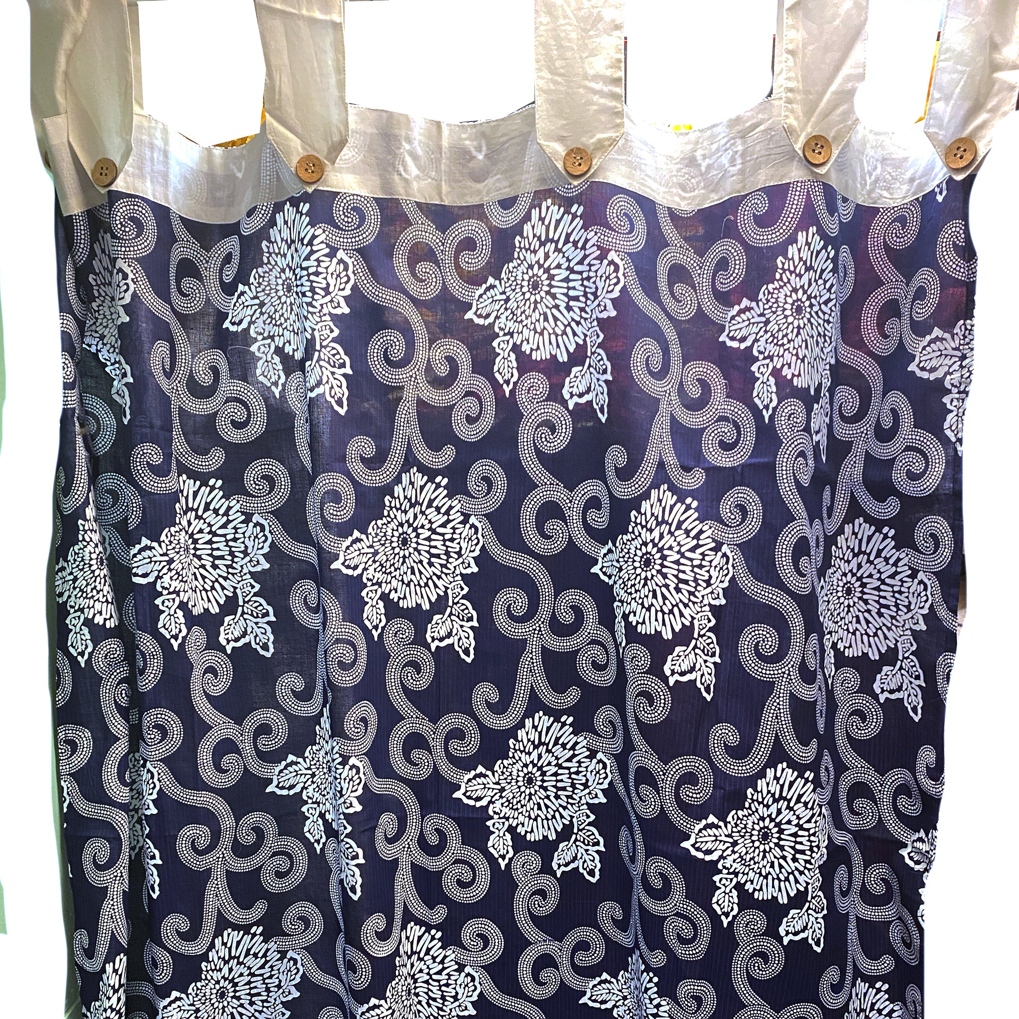 Navy & White Cotton Curtain Pair-5 Patterns - Vintage India NYC