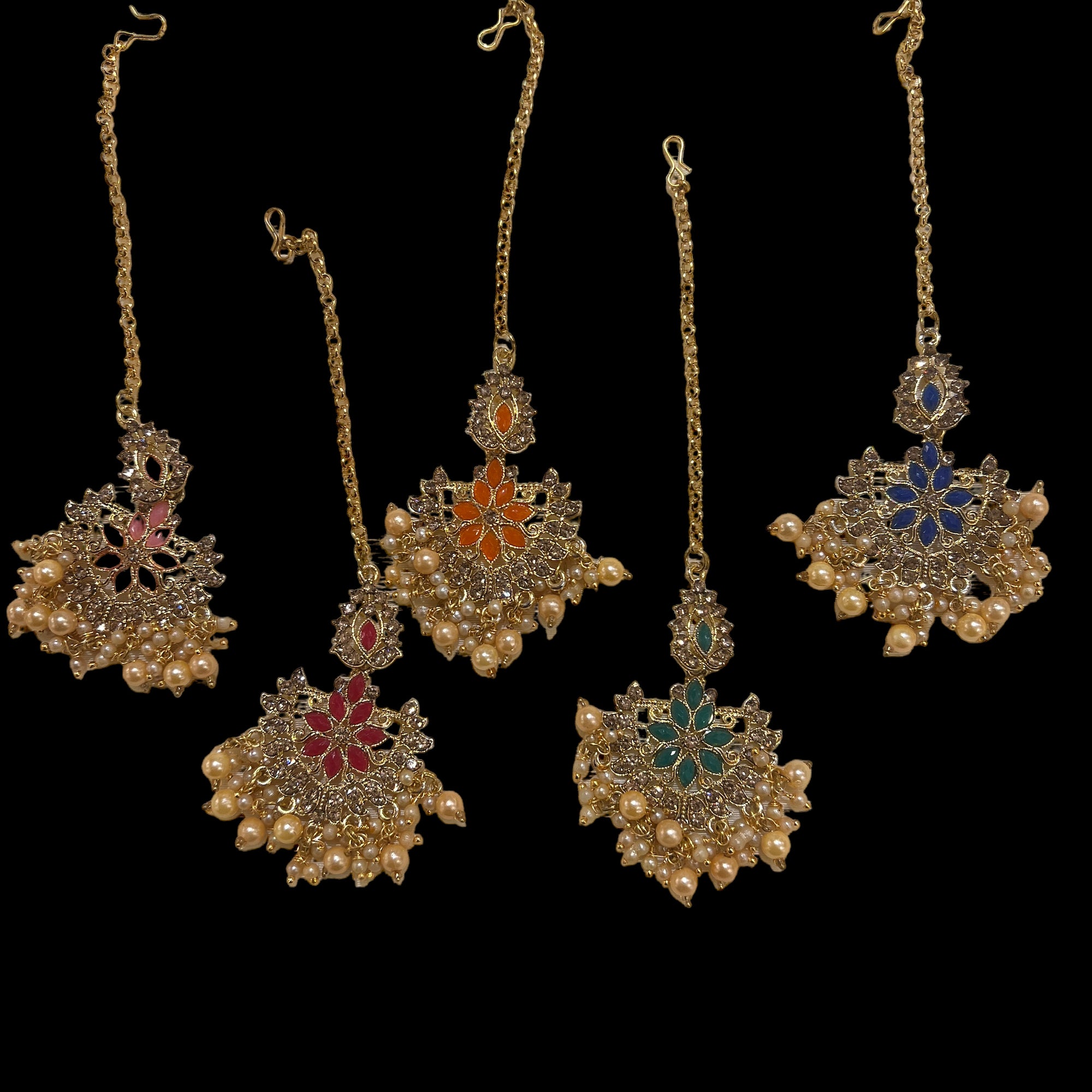 Flower w Pearl Maang Tikkas-5 Colors - Vintage India NYC