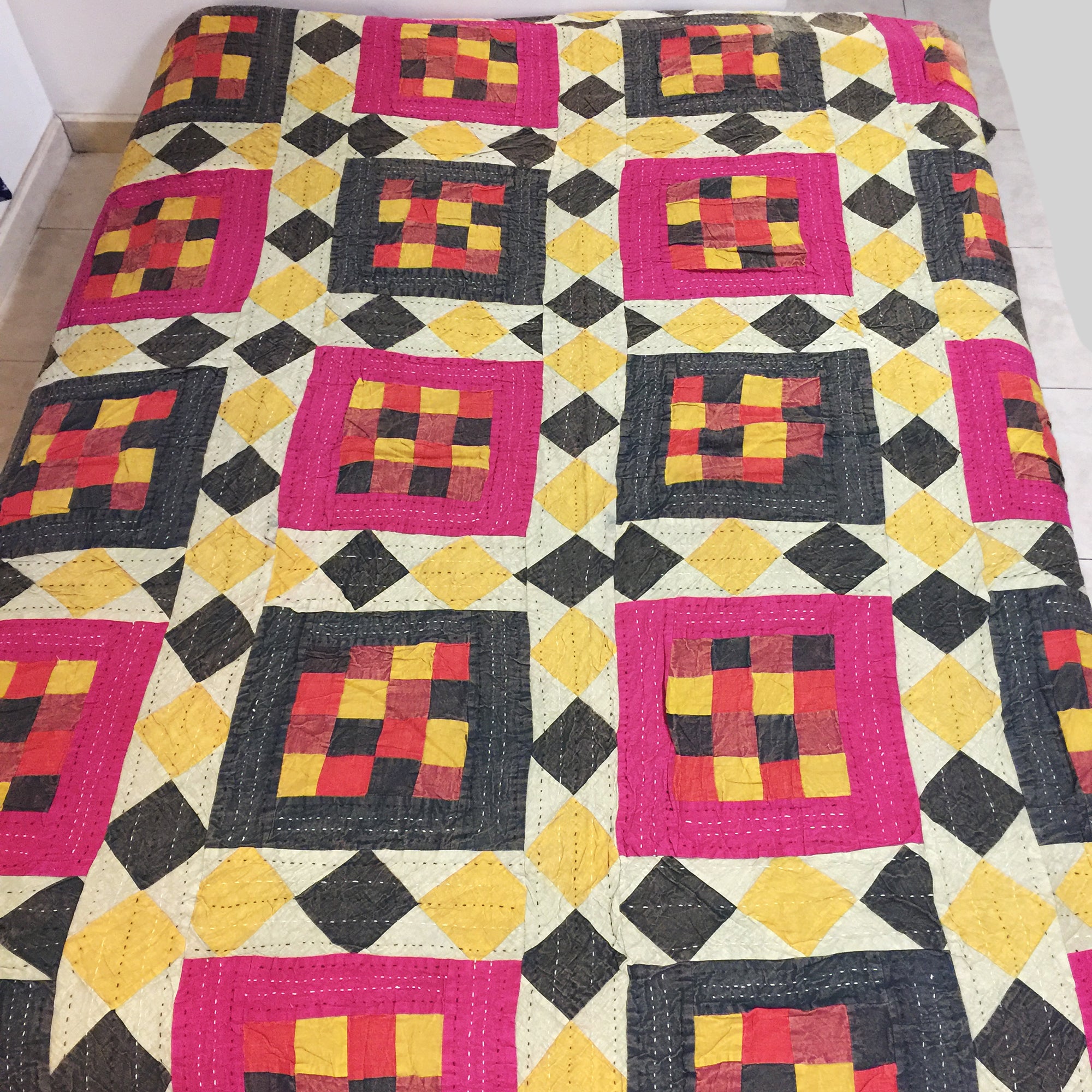 Checkered Patchwork Kantha Quilt-6 colors - Vintage India NYC