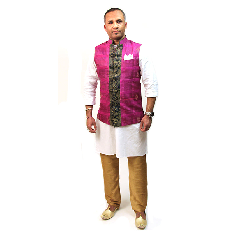 Silk Fuchsia and black Nehru/Modi Vest - Vintage India NYC