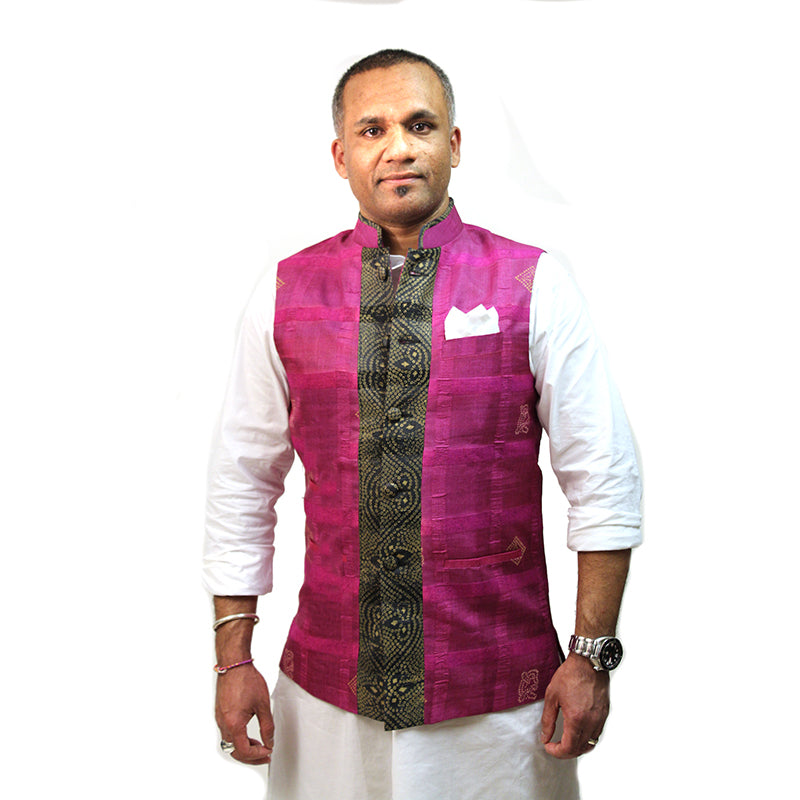 Silk Fuchsia and black Nehru/Modi Vest - Vintage India NYC