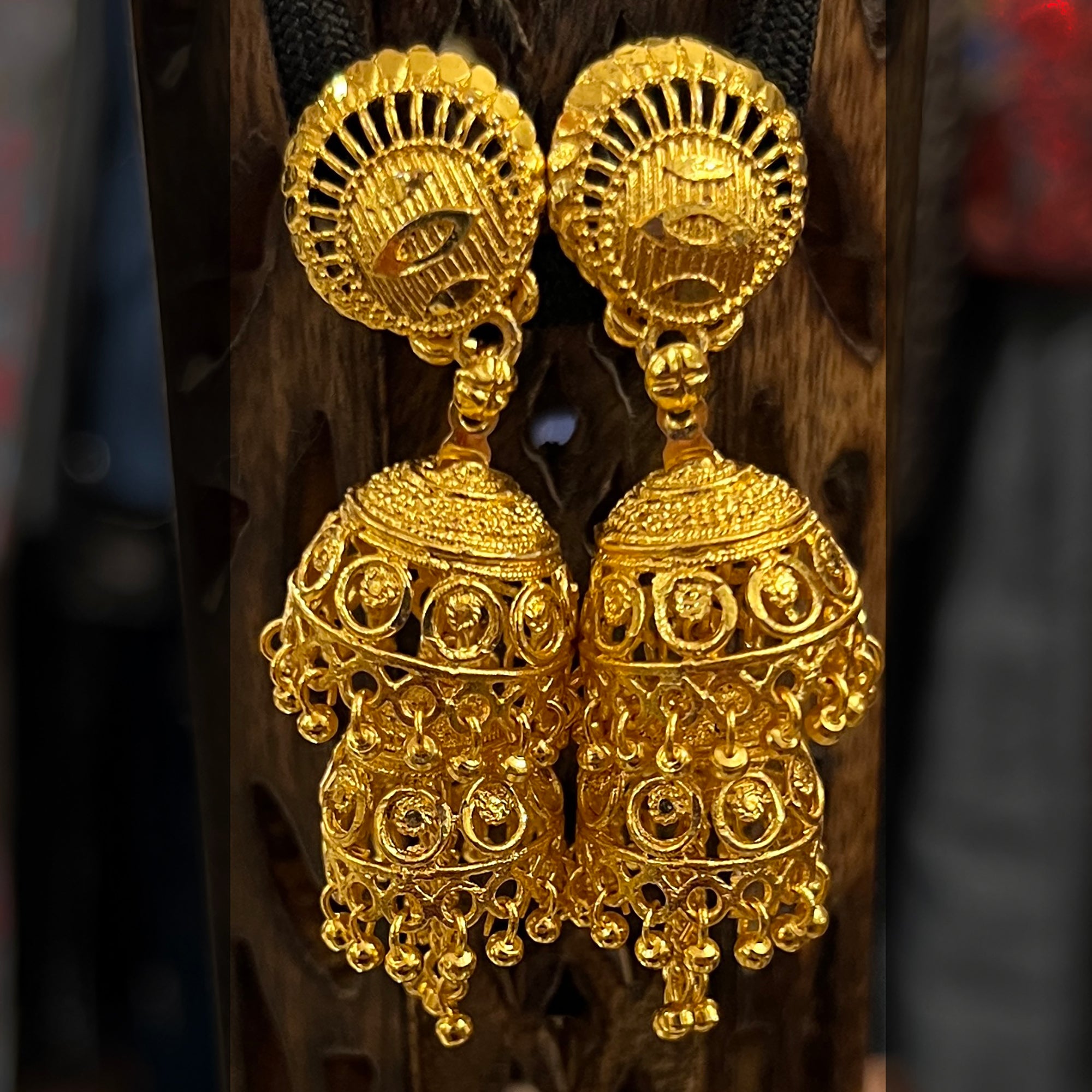 Two-Tiered Jhumka Gold Earrings 207 - Vintage India NYC