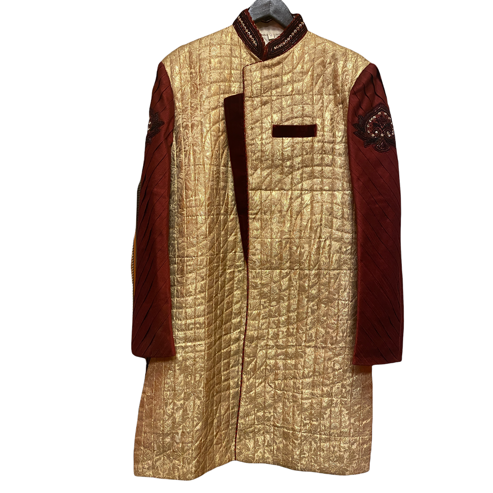 Gold Quilted Cross Chest Sherwani - Vintage India NYC