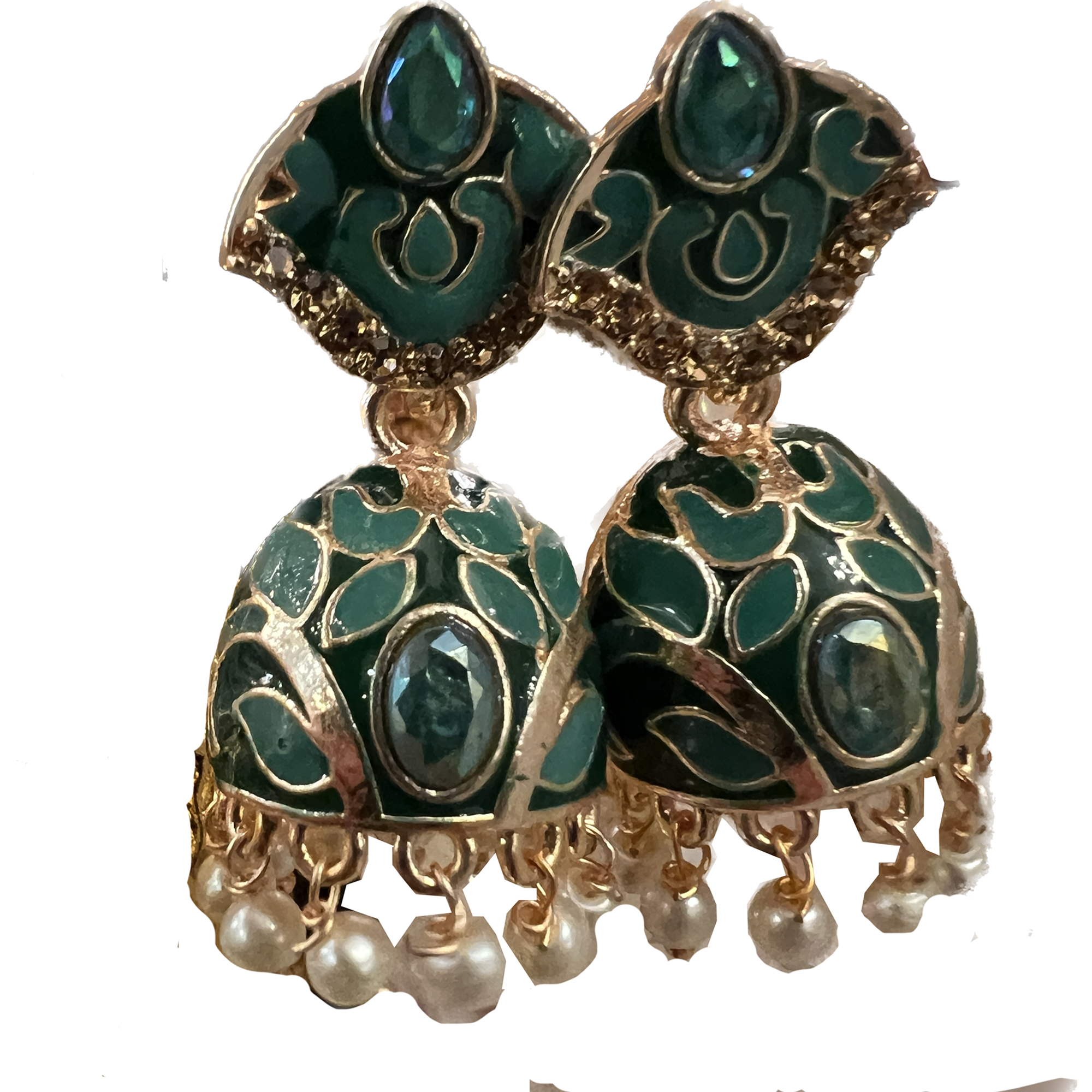 Green Enamel Jhumki Earrings- Many Styles - Vintage India NYC