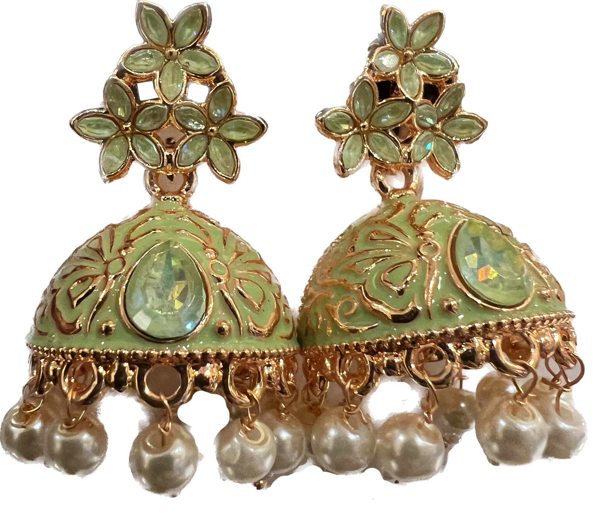 Green Enamel Jhumki Earrings- Many Styles - Vintage India NYC