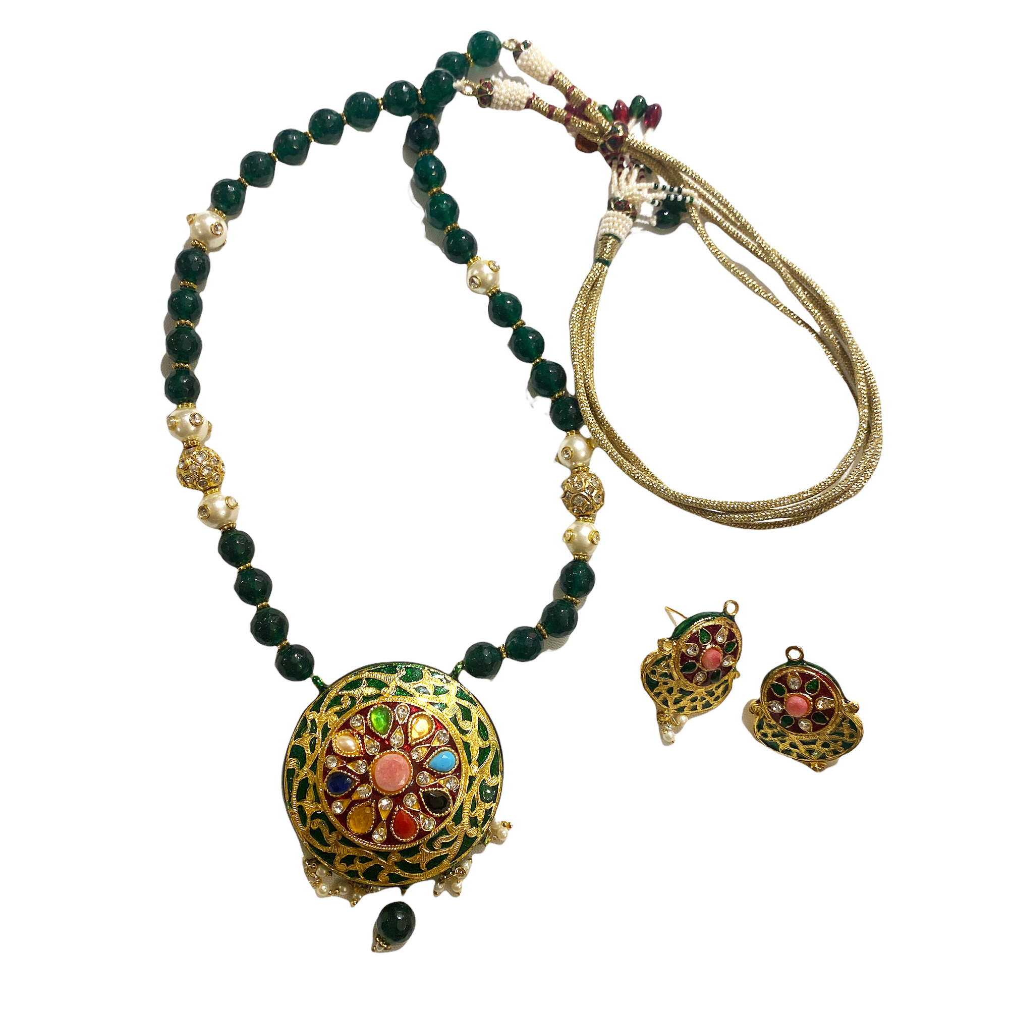 Green Meenakari/StoneWork Necklace & Earring Set - Vintage India NYC