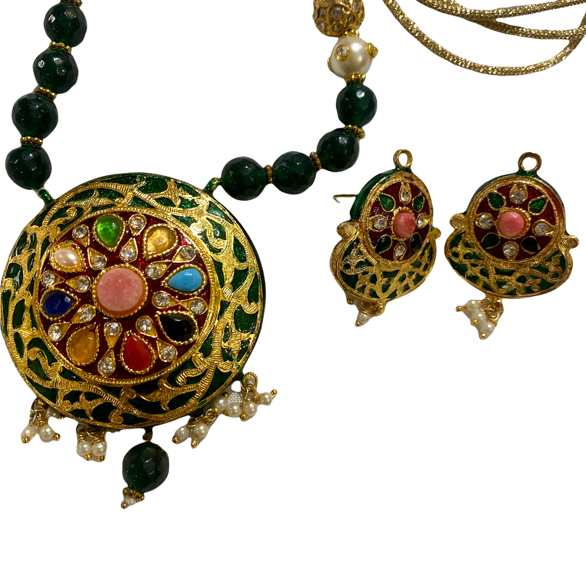 Green Meenakari/StoneWork Necklace & Earring Set - Vintage India NYC