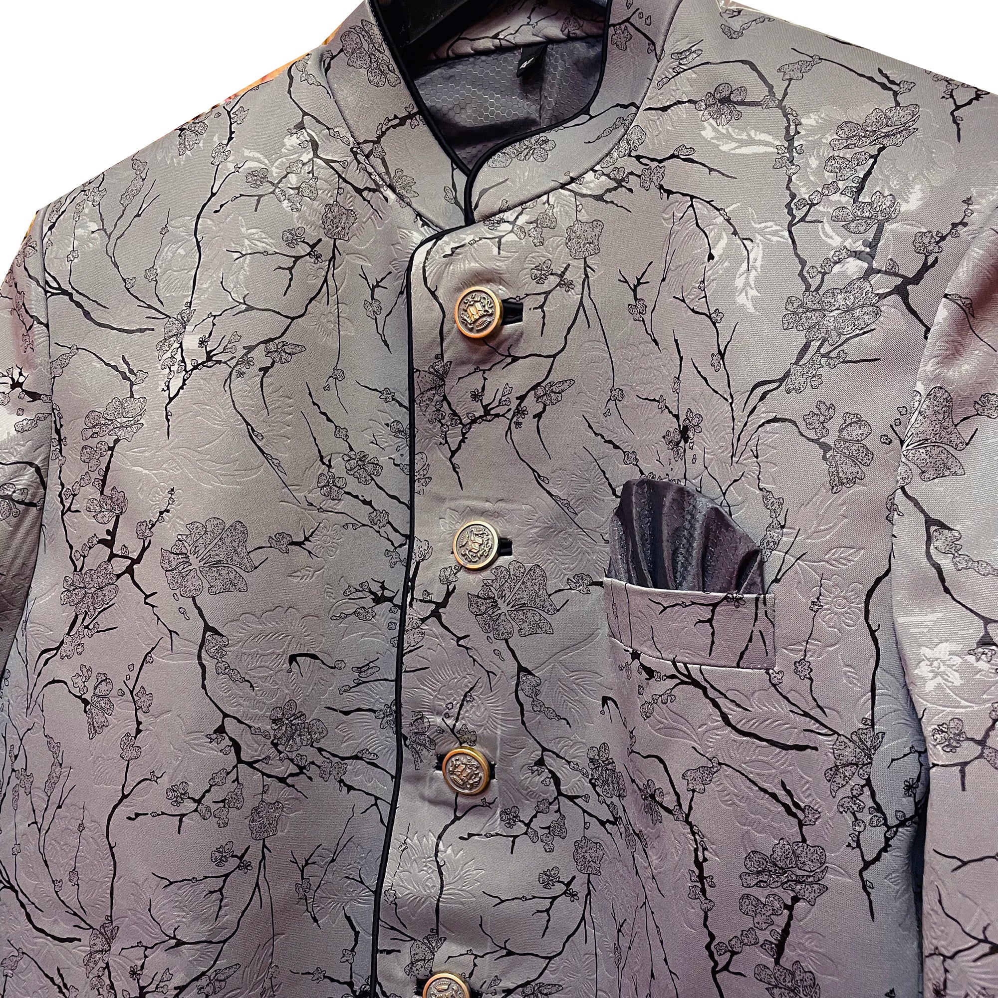 YD Grey & Black Floral Jodhpuri Jacket - Vintage India NYC