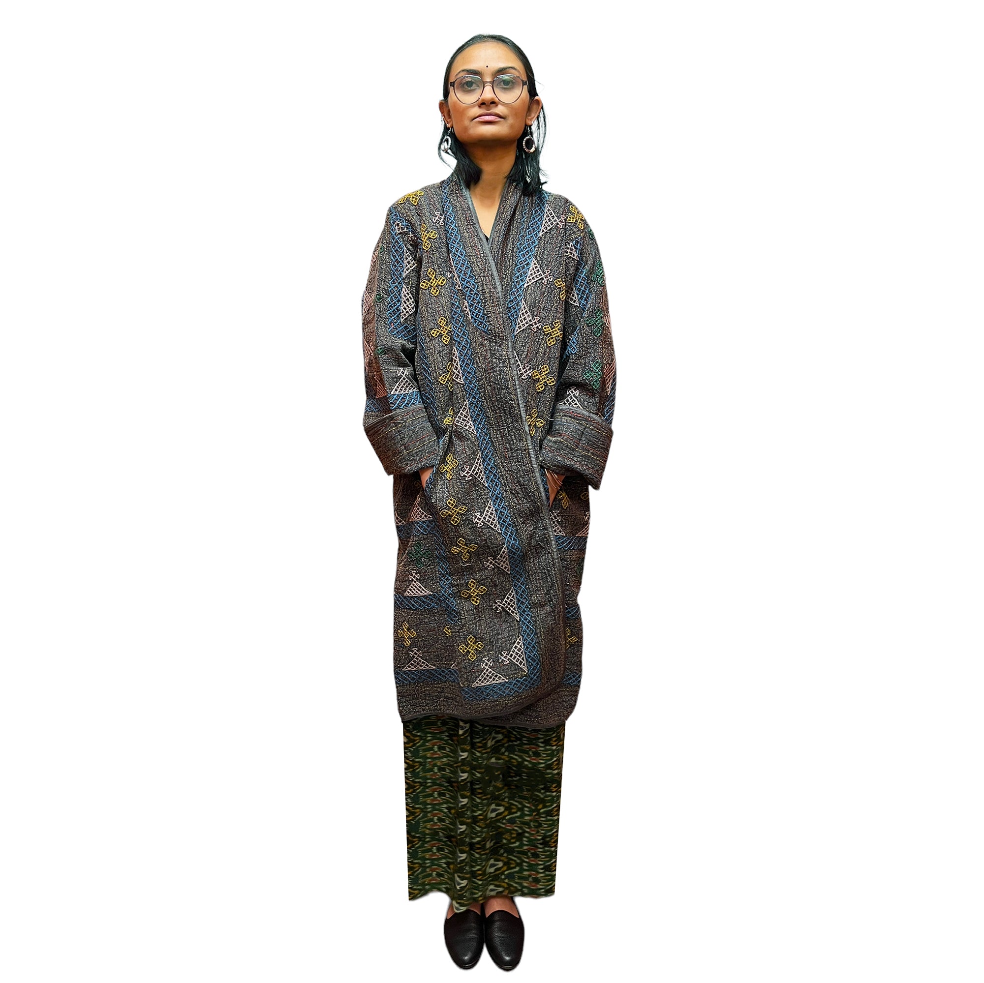 Ajrakh Cotton Kantha Quilted Long Coat 2 - Vintage India NYC