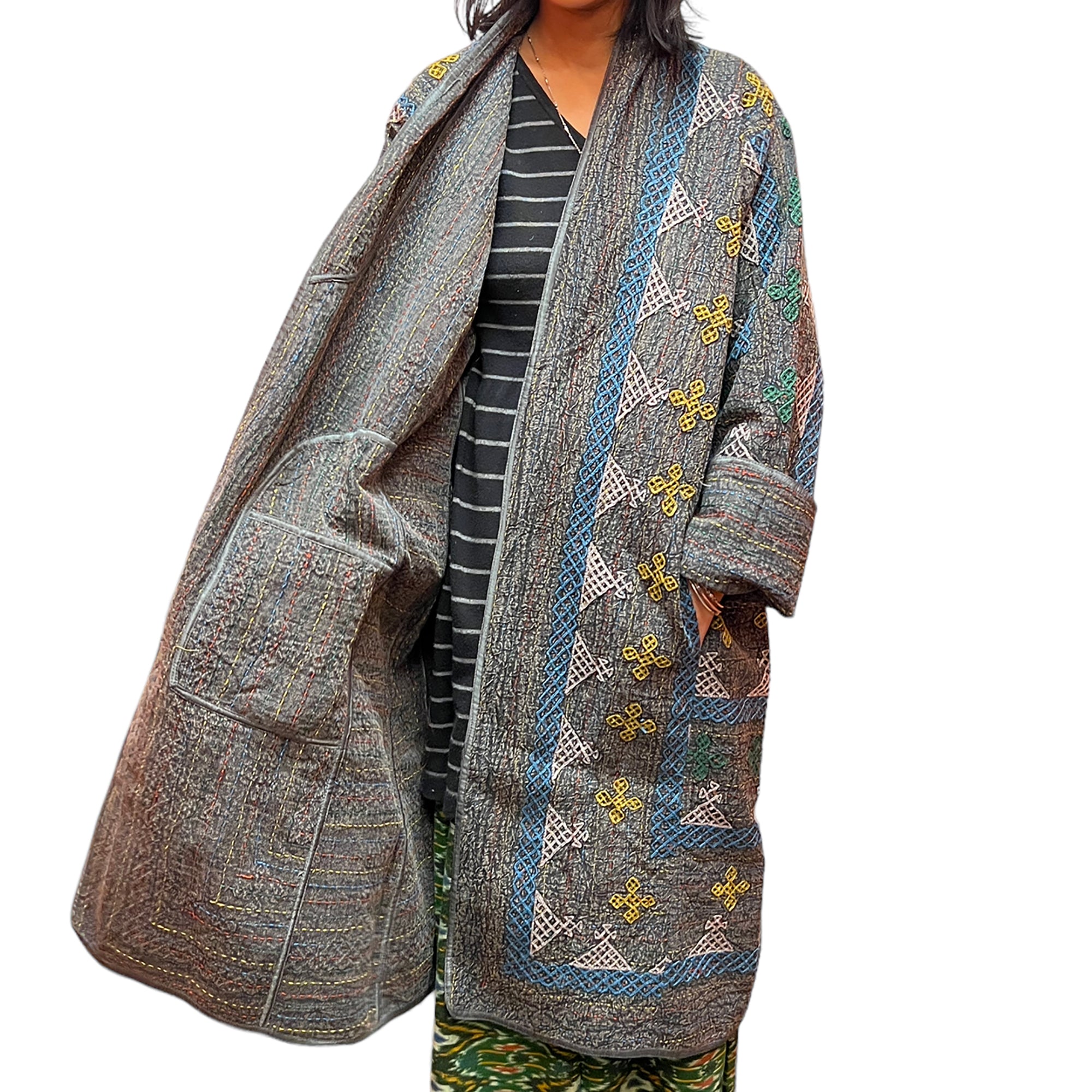 Ajrakh Cotton Kantha Quilted Long Coat 2 - Vintage India NYC