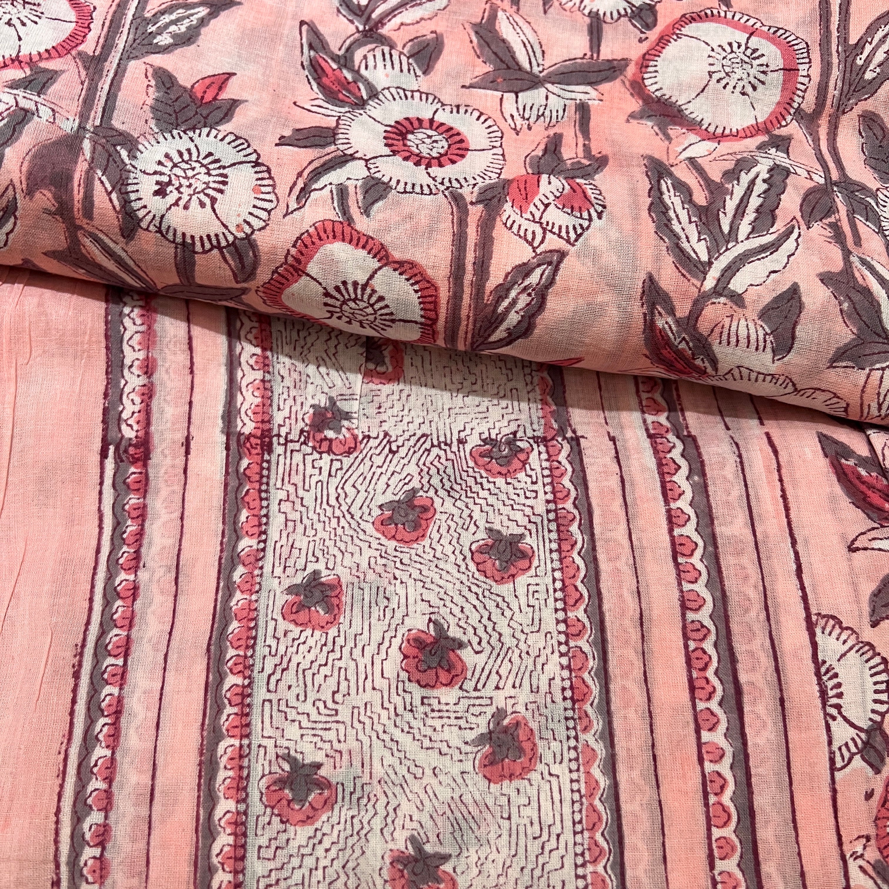 Hand Blockprint Sarong/Scarf- Grey Pink - Vintage India NYC
