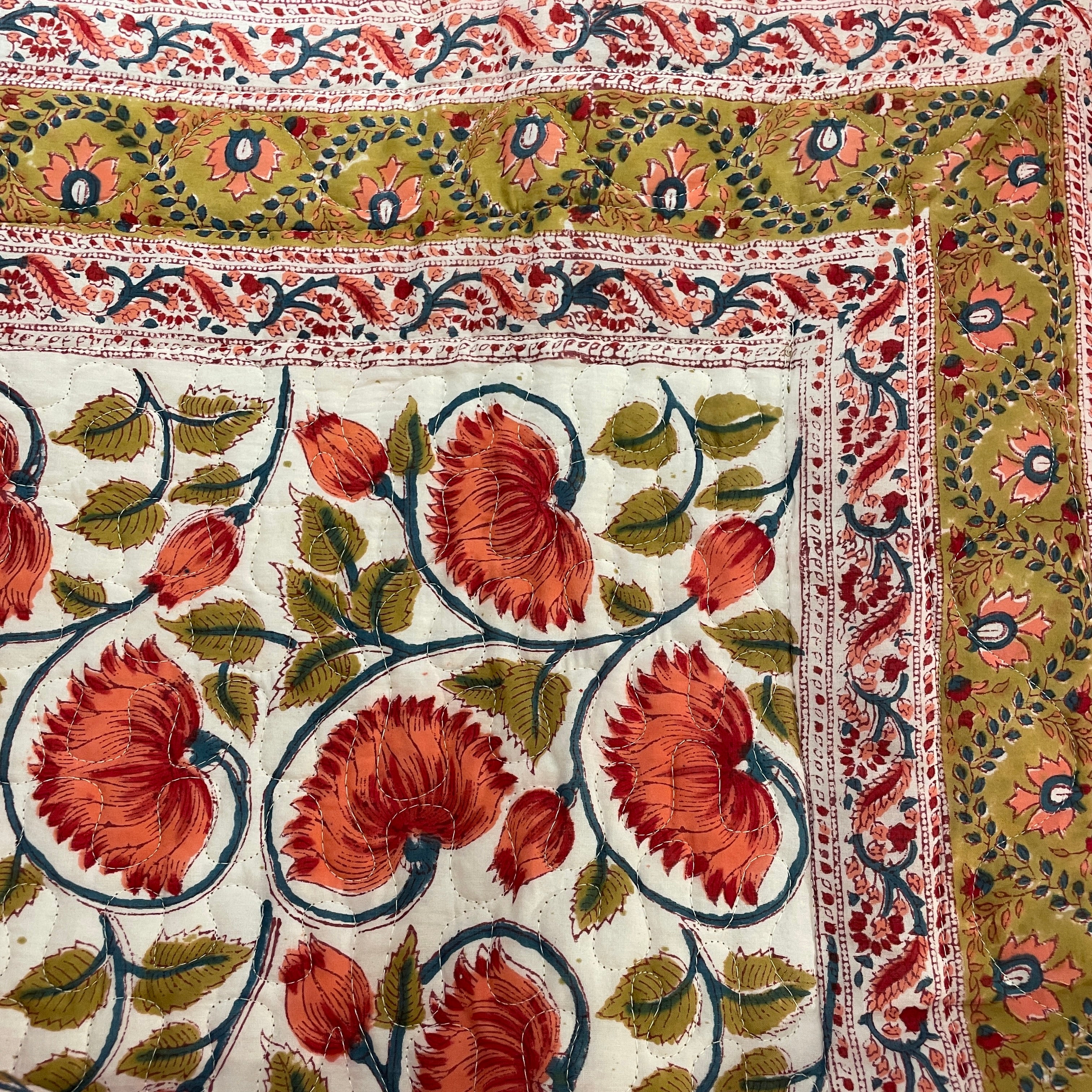 Olive & Red floral Queen Quilt - Vintage India NYC