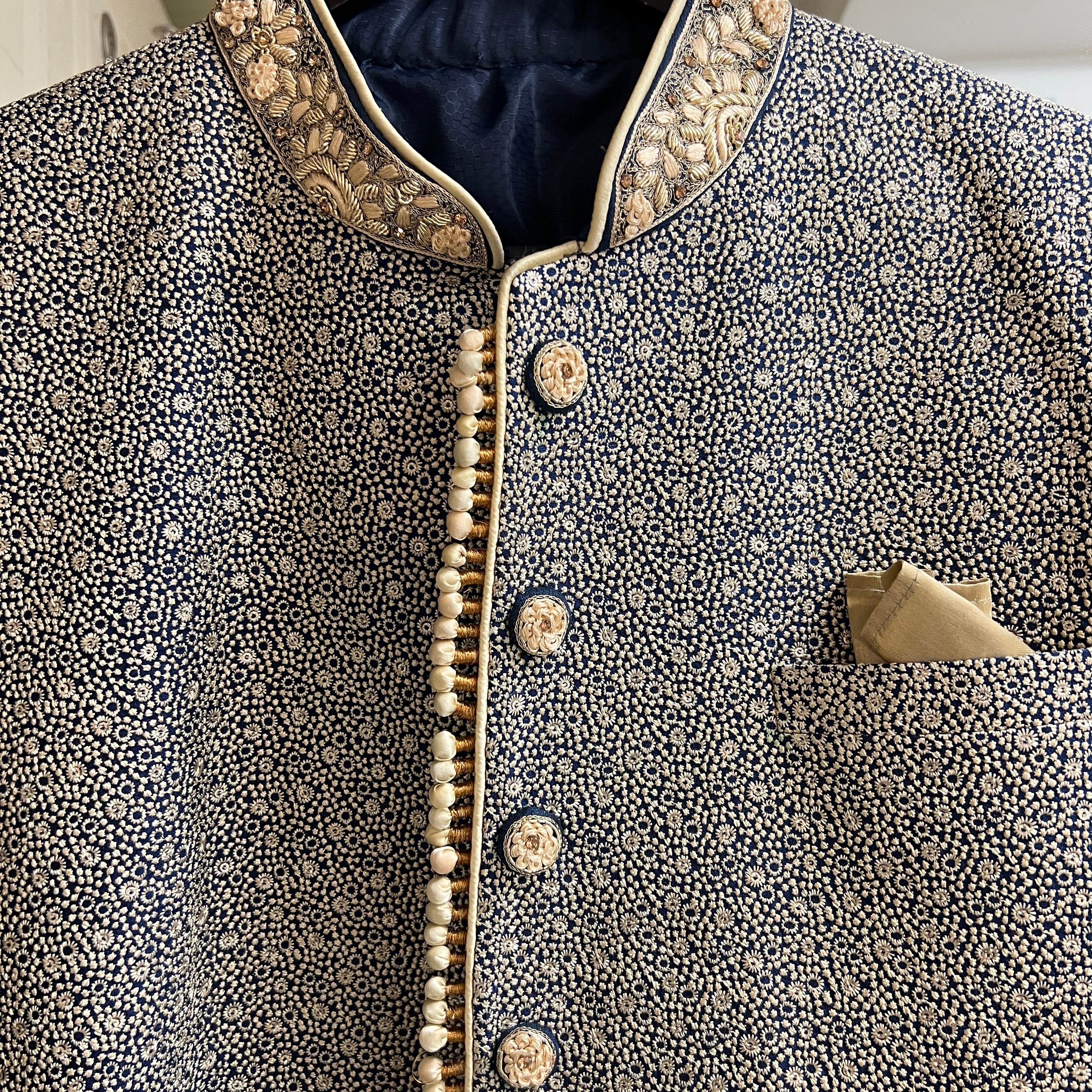 YD Navy & Gold Sherwani - Vintage India NYC