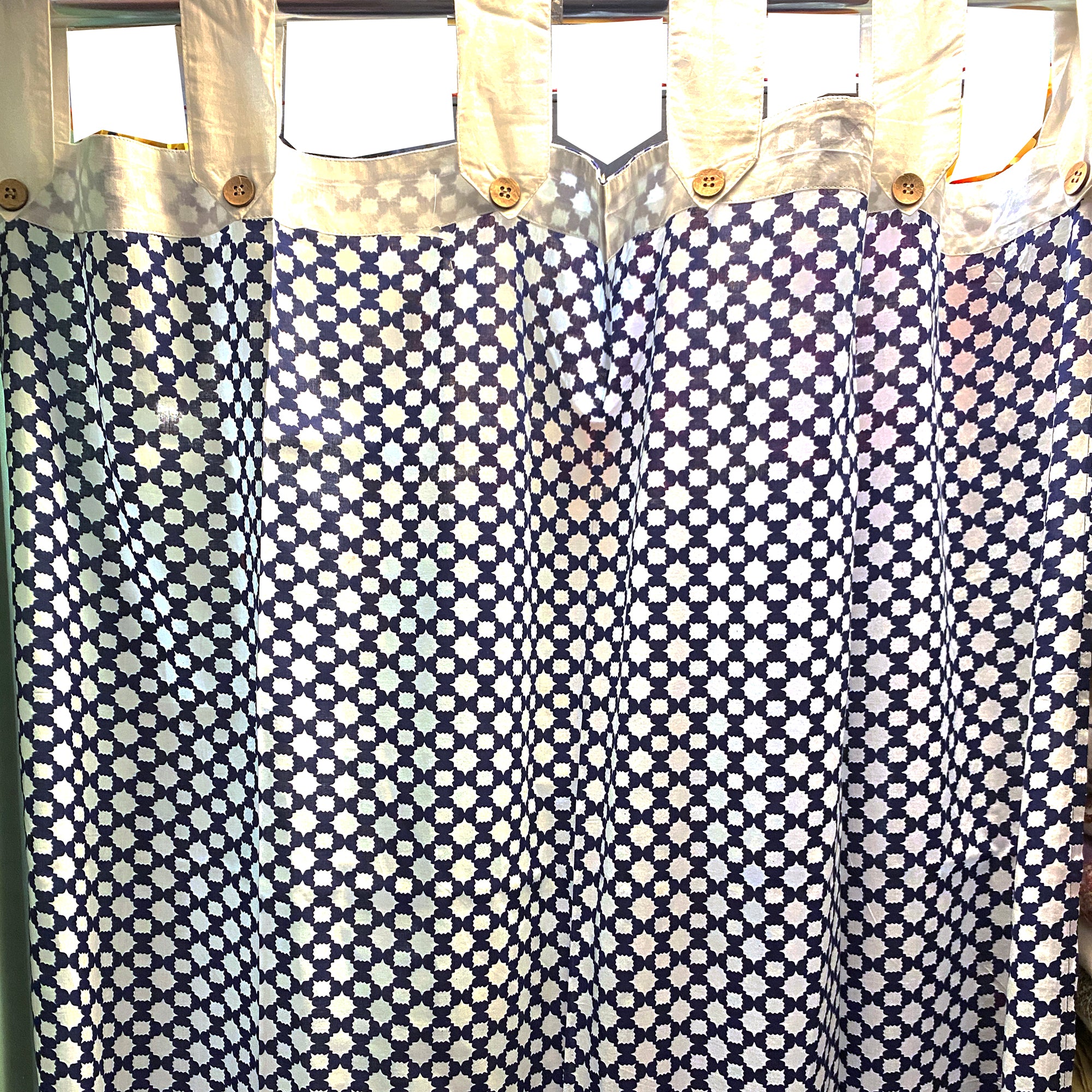 Navy & White Cotton Curtain Pair-5 Patterns - Vintage India NYC