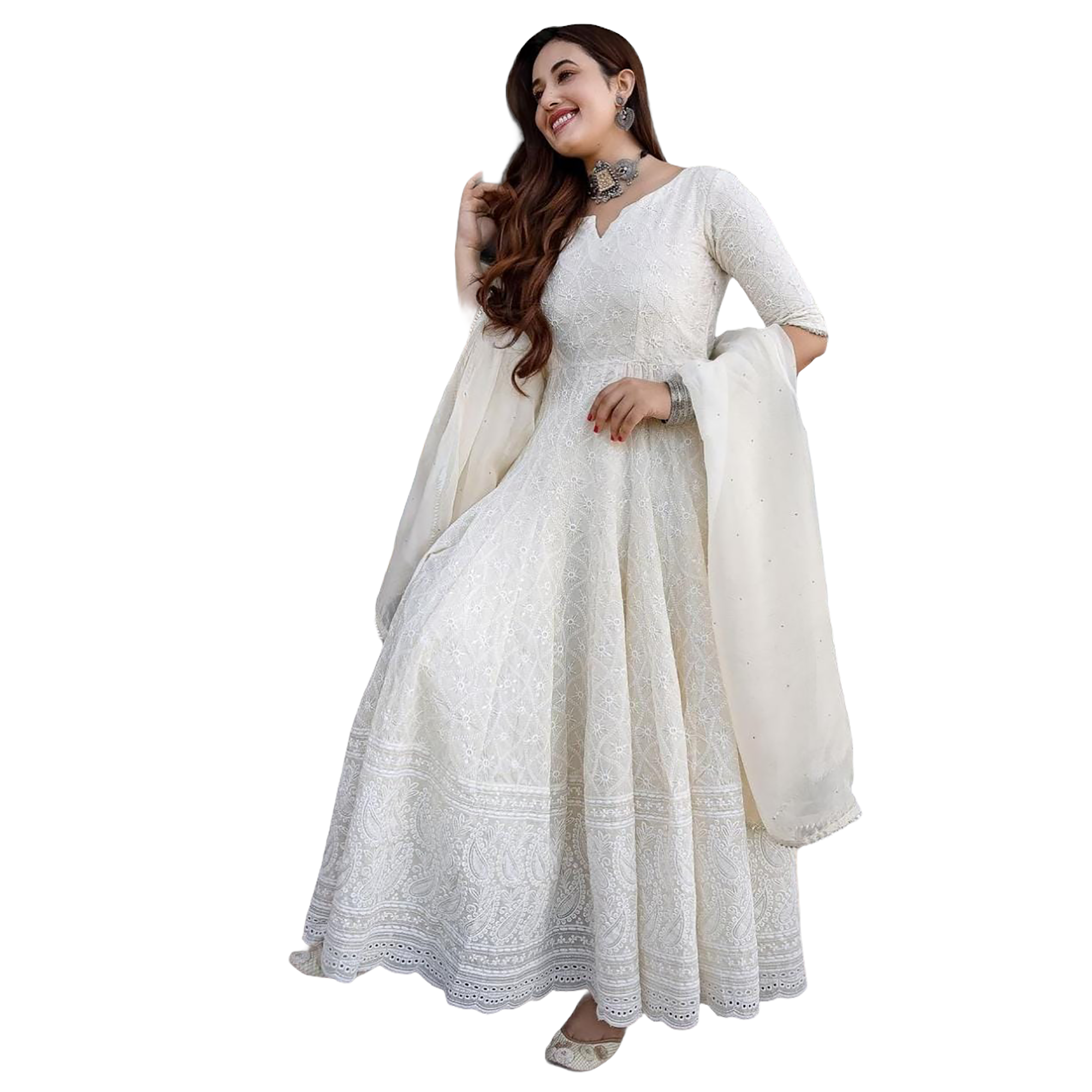 Cream Lucknowi Anarkali Set - Vintage India NYC