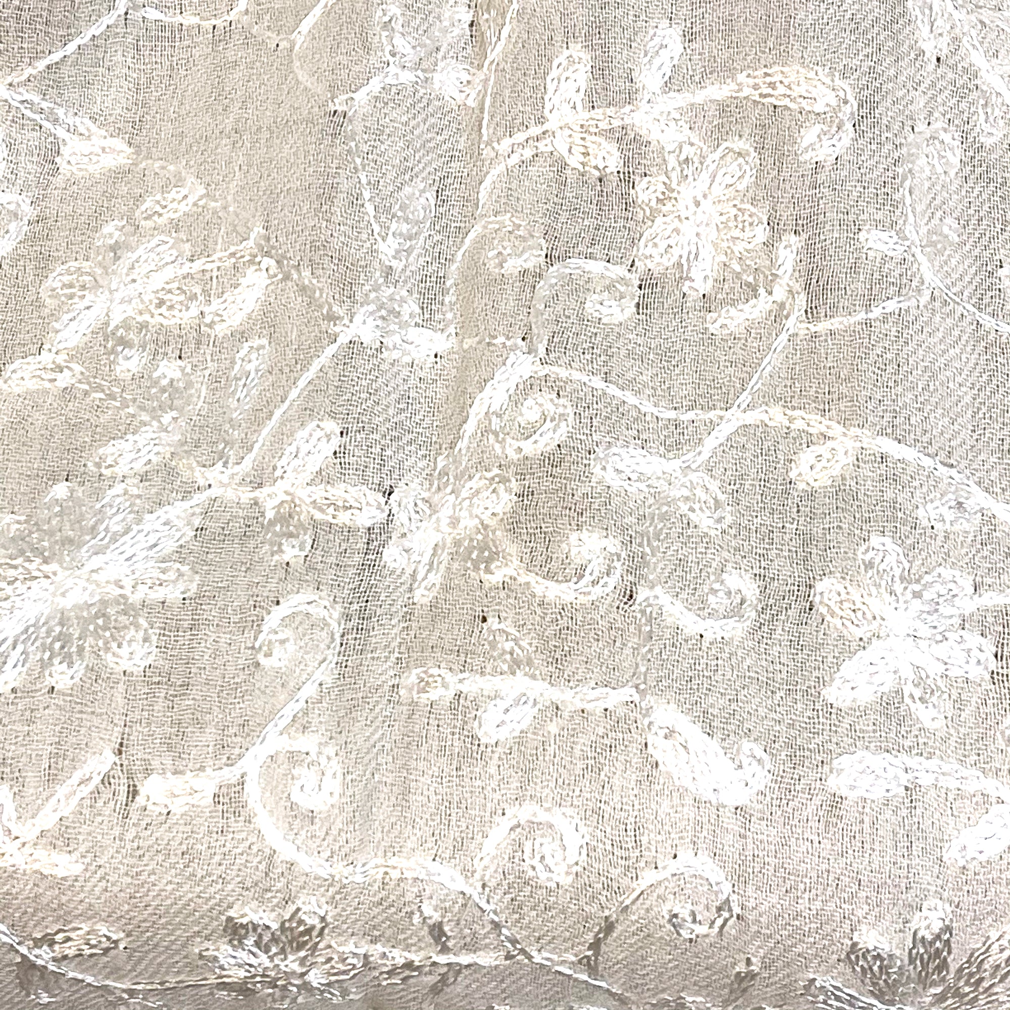 White Embroidered Fine Wool Shawl - Vintage India NYC