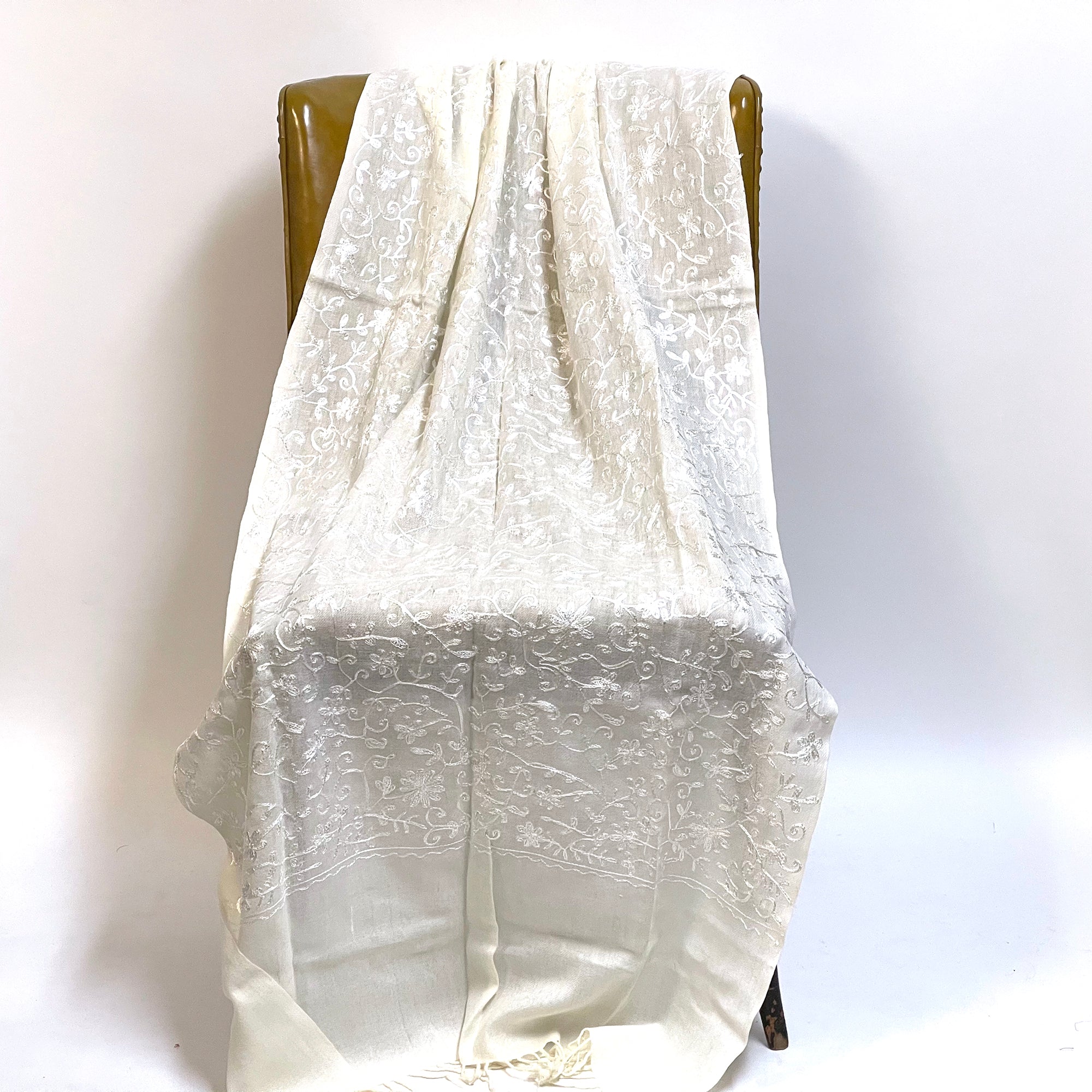 White Embroidered Fine Wool Shawl - Vintage India NYC