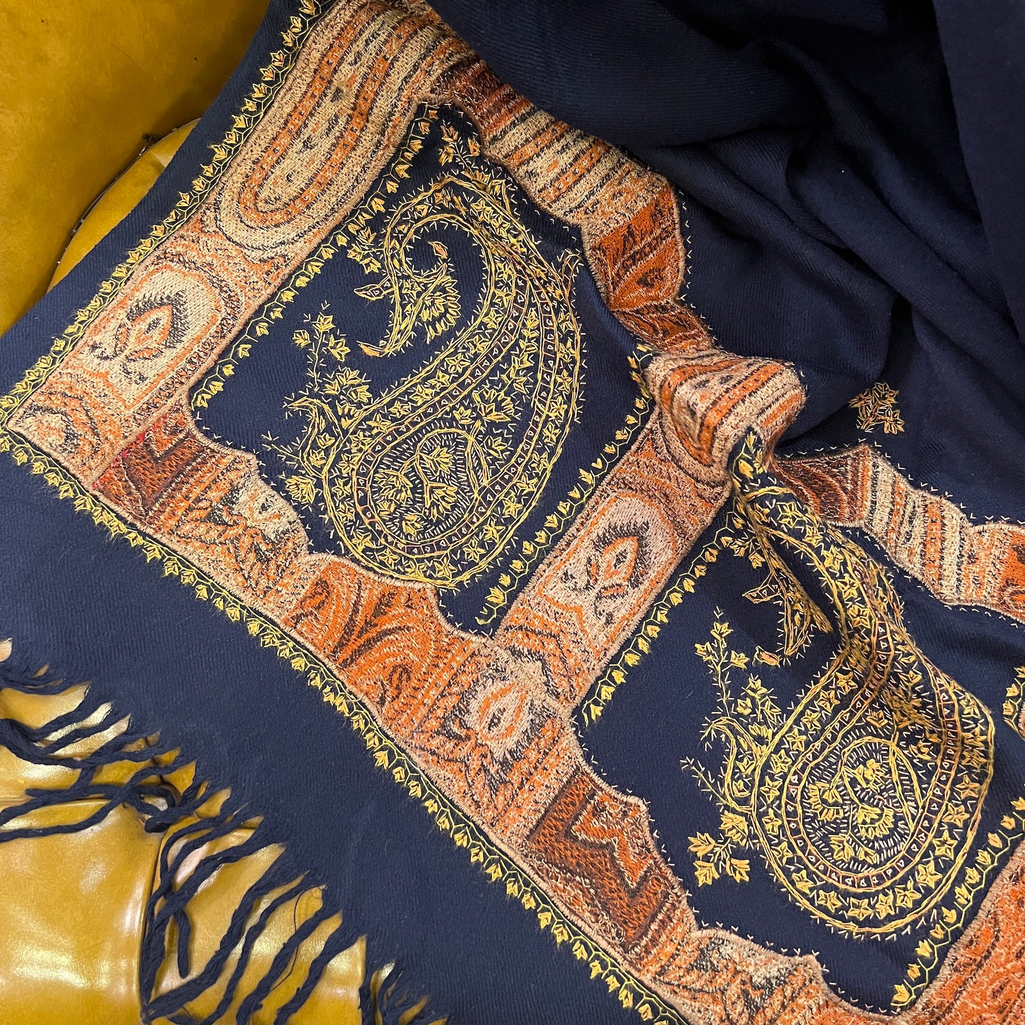 Navy Blue Embroidered  Woolen Shawl - Vintage India NYC