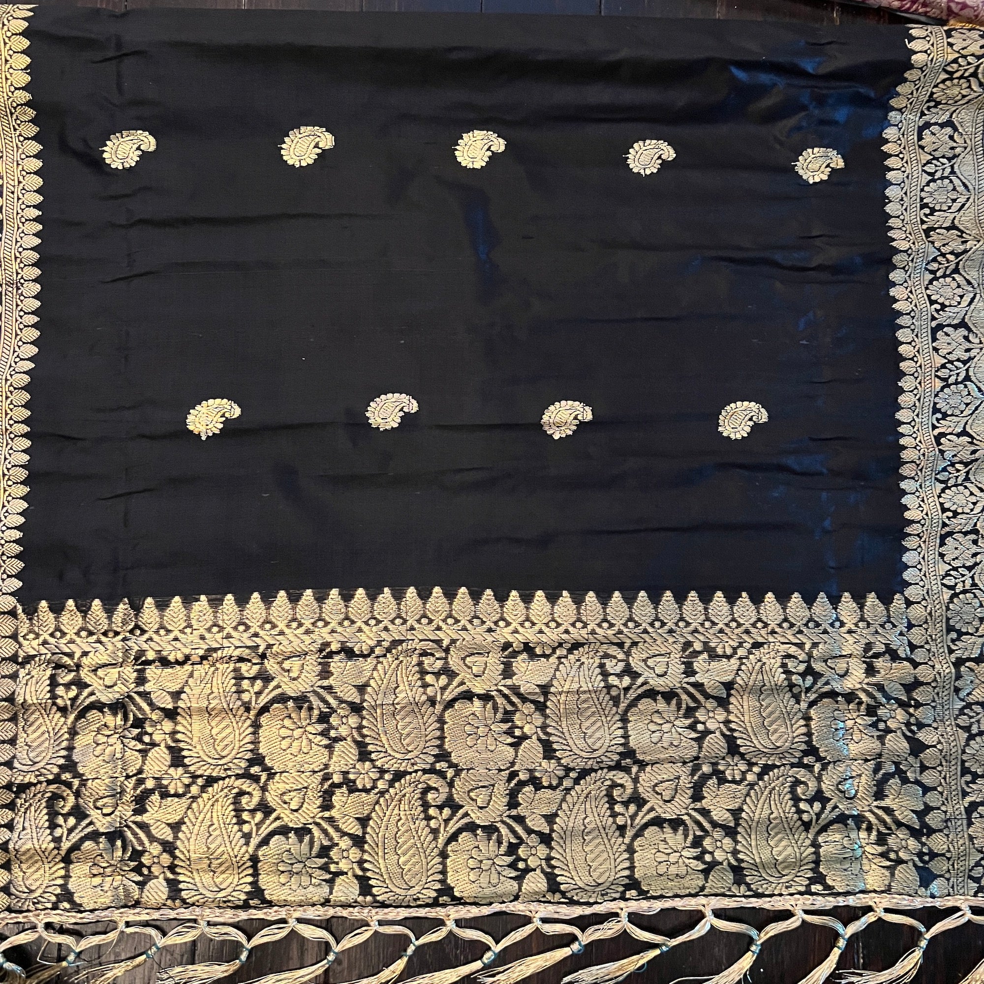 LH Banarsi Silk Table Runners-Black& Gold - Vintage India NYC