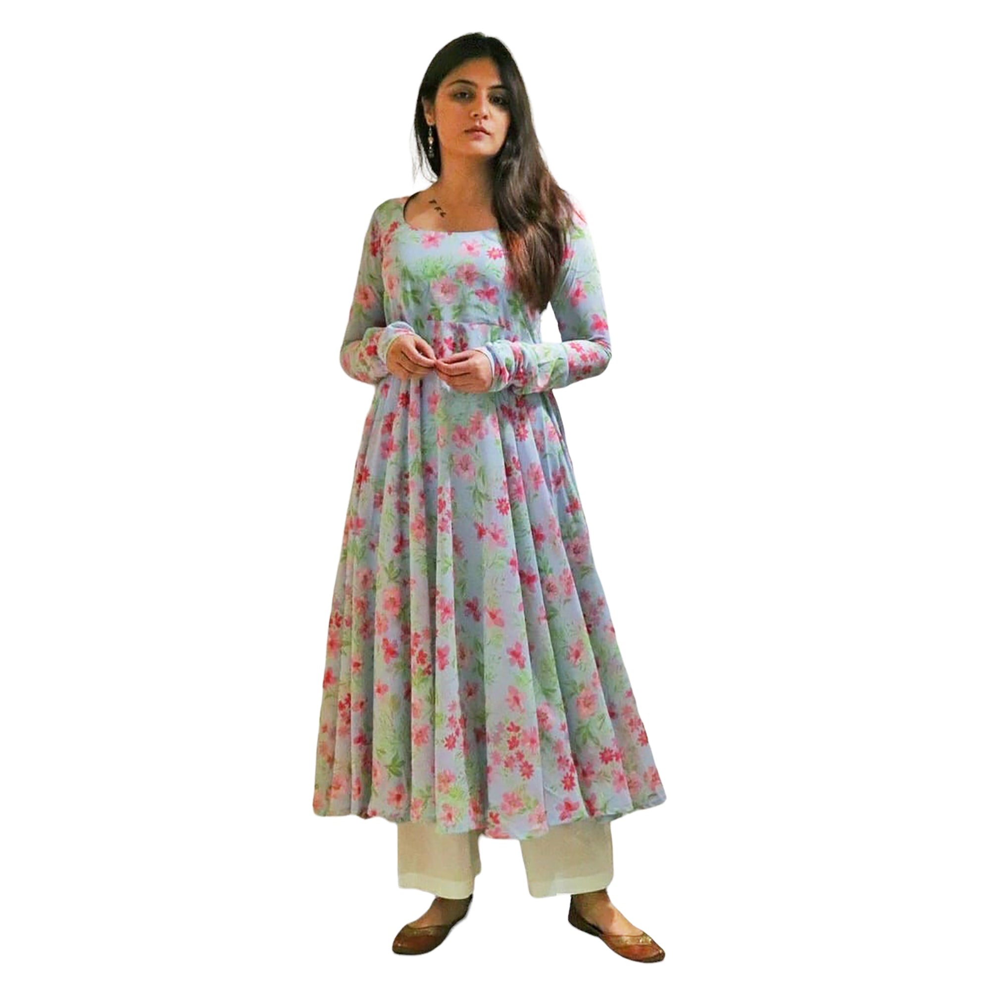 Light Blue Floral Georgette Dress - Vintage India NYC