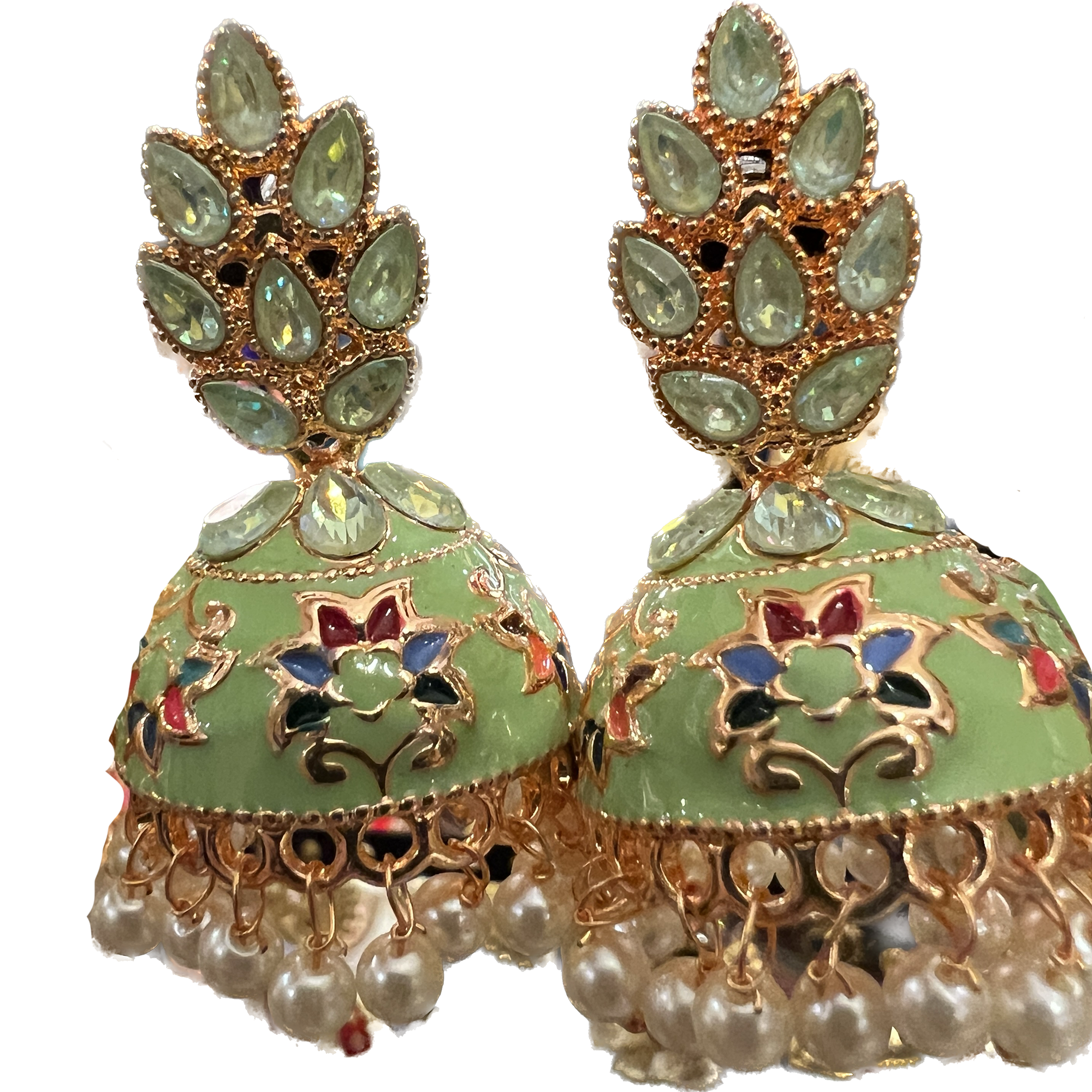 Green Enamel Jhumki Earrings- Many Styles - Vintage India NYC