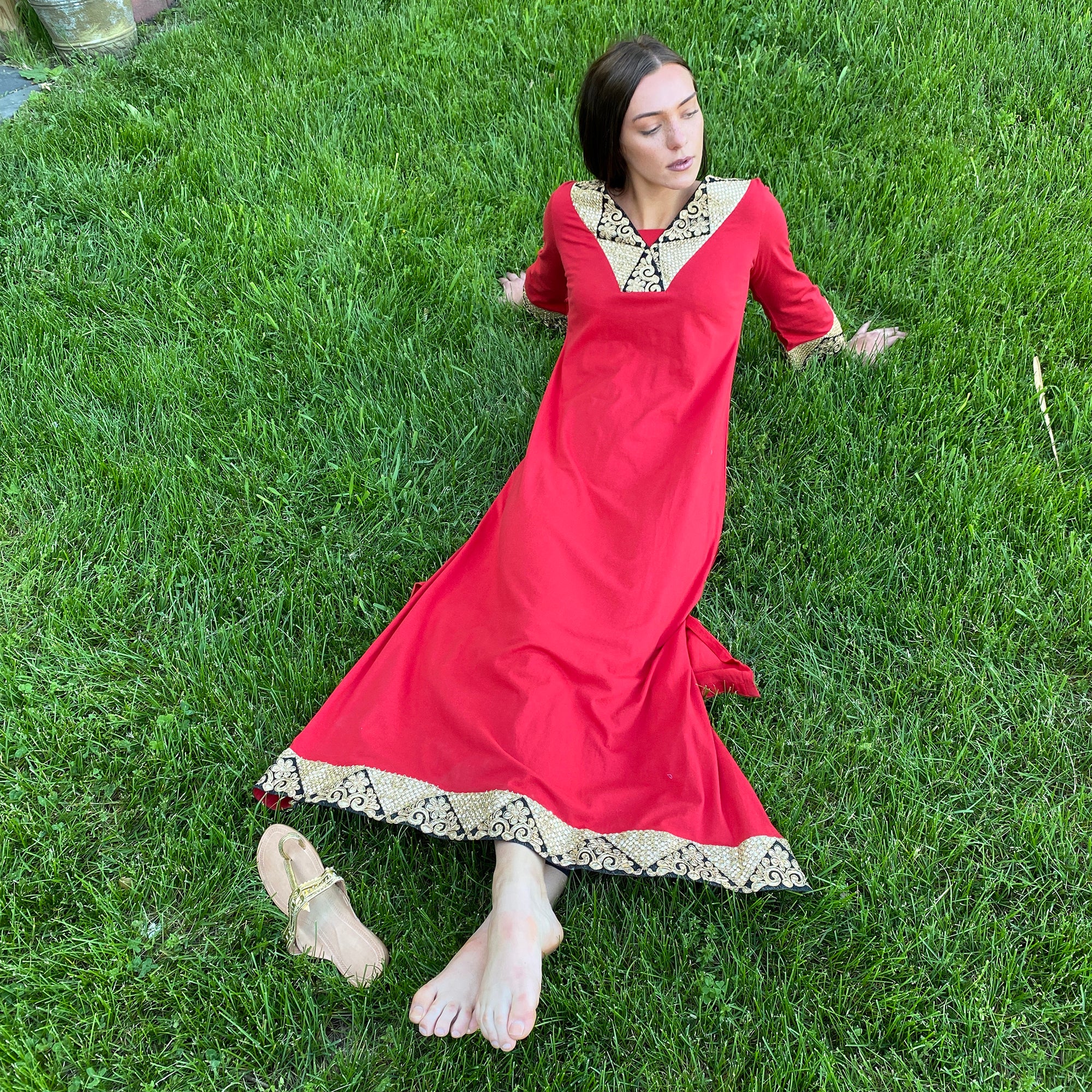 Red Cotton Kaftan - Vintage India NYC