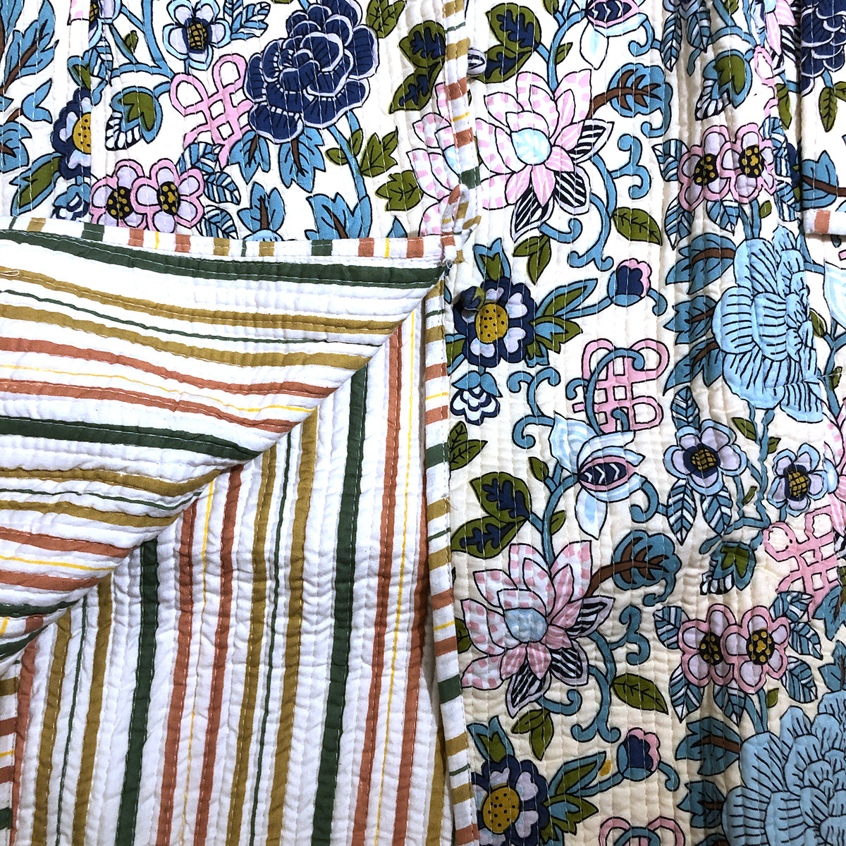 VR Blue Floral Quilted Coat-Long - Vintage India NYC